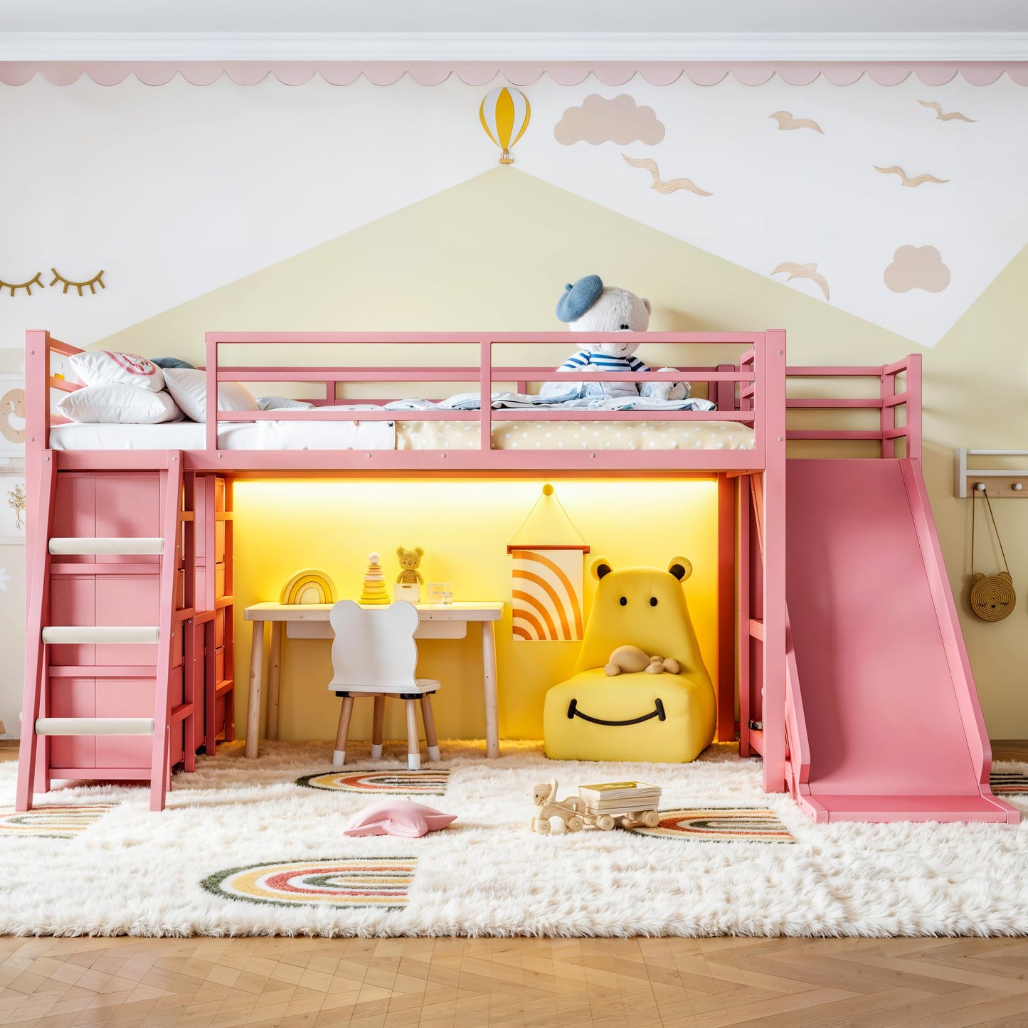 KEIKI Twin Size Metal Loft Bed Frame with Slide & Ladder & Non-Woven Fabric Drawer & Shelves & Hanging Area, Multi-Storage Loft Bed with Slat, No Box Spring Required, Easy Assembly, for Bedroom, Pink