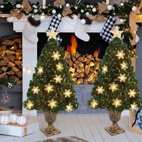 Juegoal Pre-Lit Artificial Christmas Trees - 3 FT Lighted Green Fiber Optic Entrance Trees with Gold Urn Base | 8 Lighting Modes, 110 Branch Tips for Festive Holiday Decor