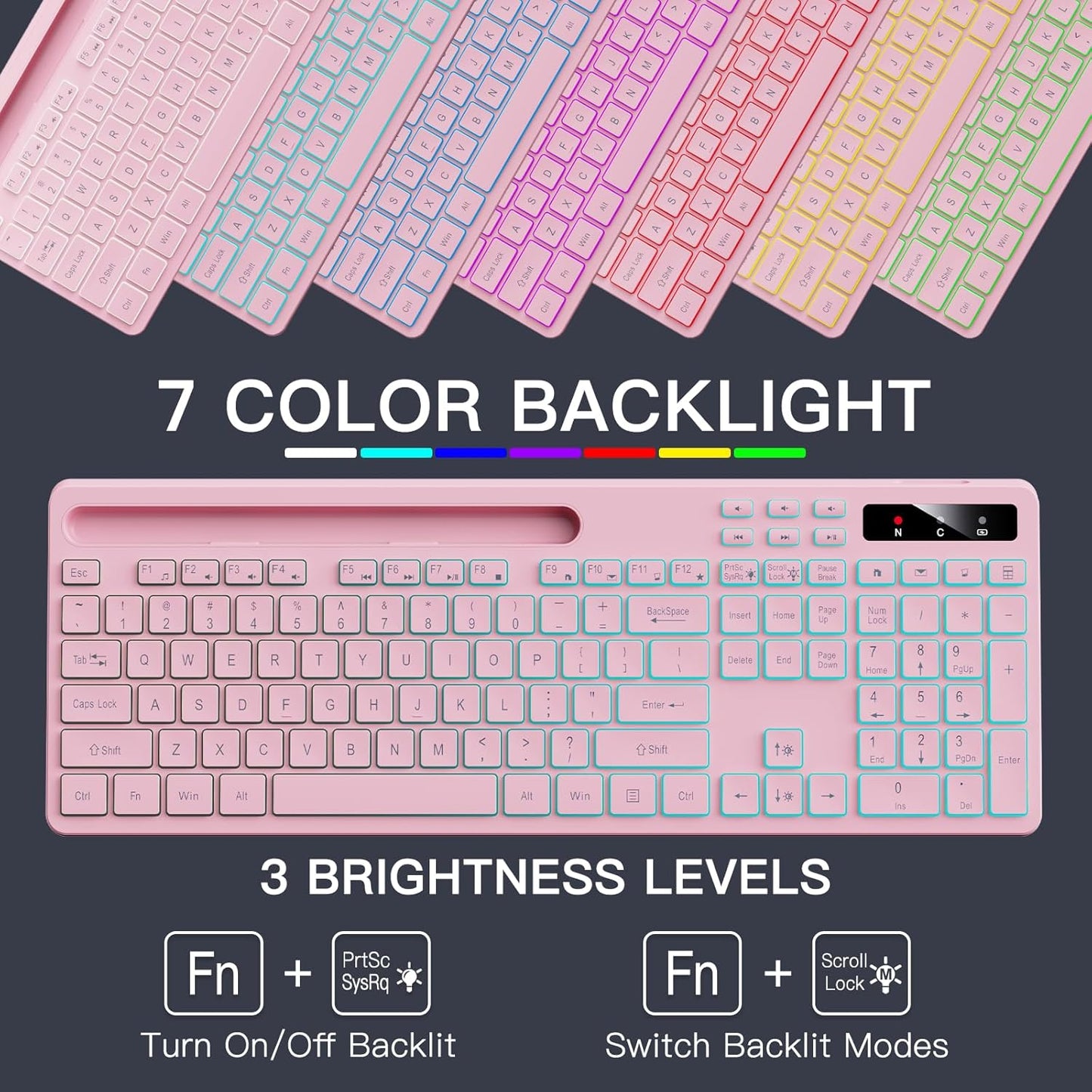 Soueto 7-Color 2.4G Wireless Keyboard with RGB Backlit, Full-Size Computer Keyboard with Phone Tablet Holder