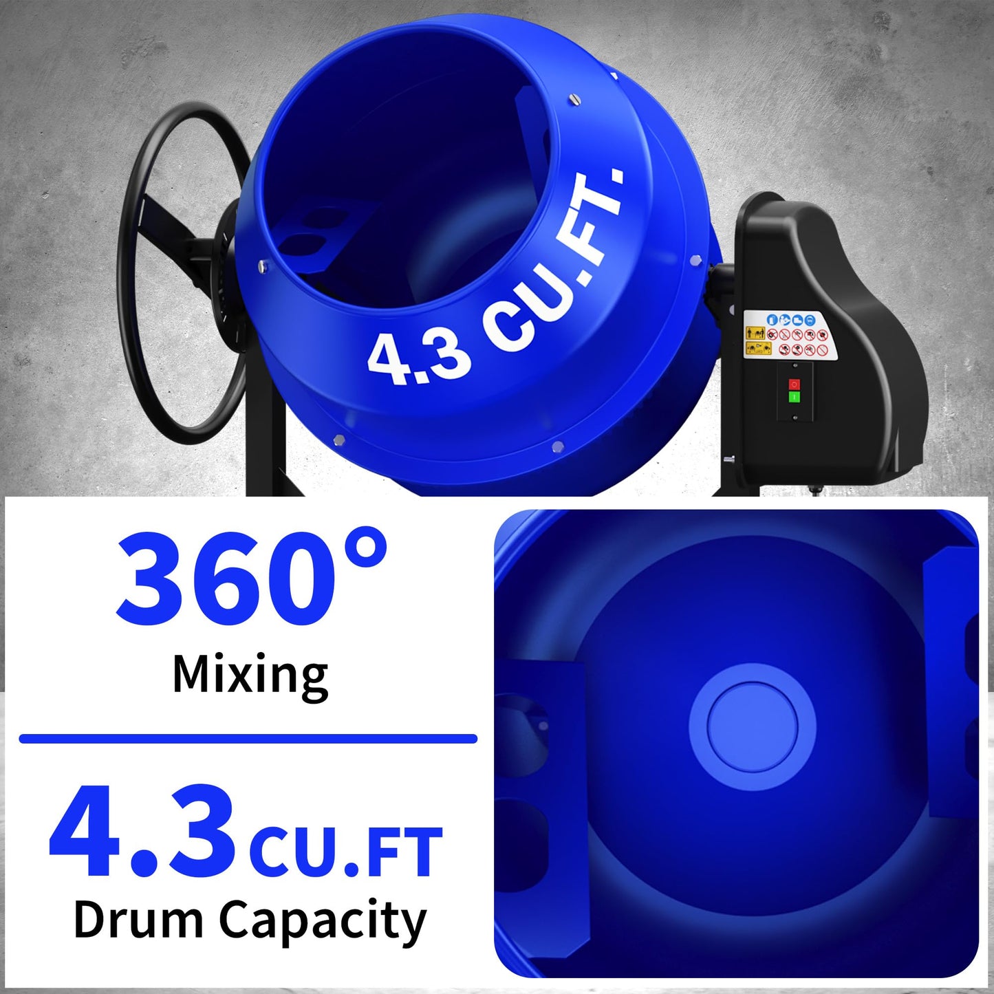 POXURIO 120L Electric Cement Mixer, 4.3 Cubic Ft. 450W 3/5HP Portable Concrete Mixer Machine with Stand And Wheels for Stucco, Mortar, Seeds, Blue-2026 Upgraded