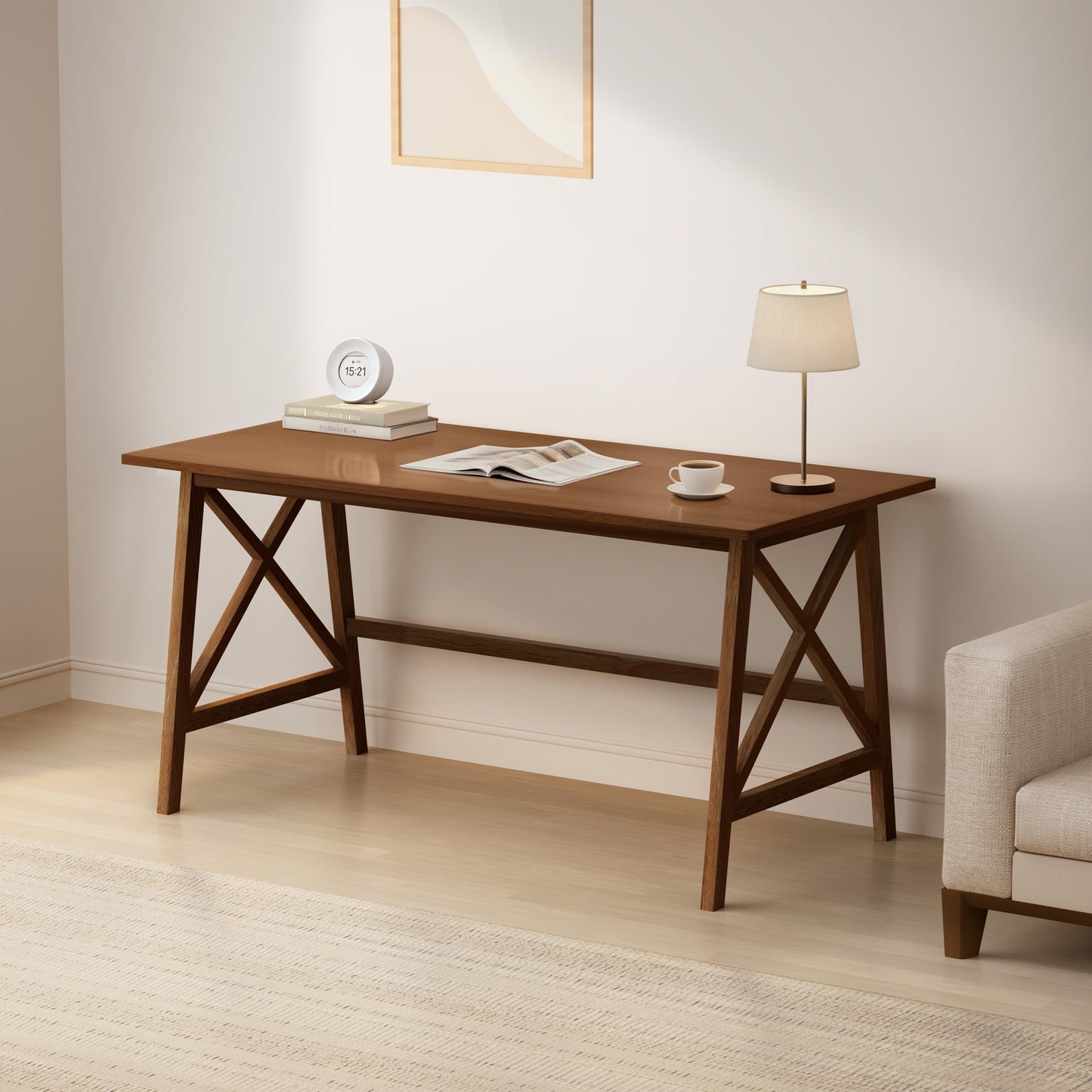 NELYE Modern Solid Wood Desk - 54" Simple Computer Table for Home Office Study Writing Workstation in Walnut, 54" W x 24" D