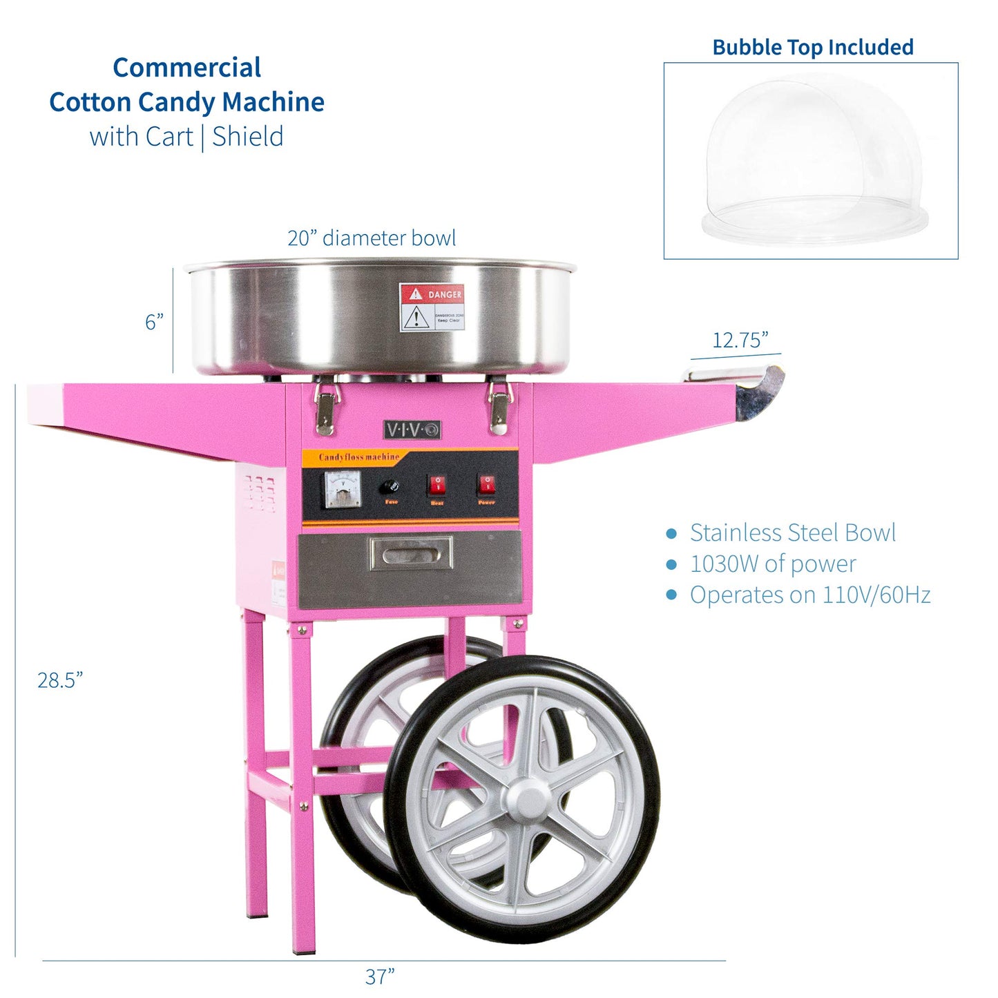 VIVO Pink 1030W Electric Cotton Candy Machine Cart, Mobile Rolling Candy Floss Maker, 20 inch Stainless Steel Bowl, Bubble Shield Cover Sugar Scoop and Drawer, Easy Home or Commercial Use, CANDY-KIT-2