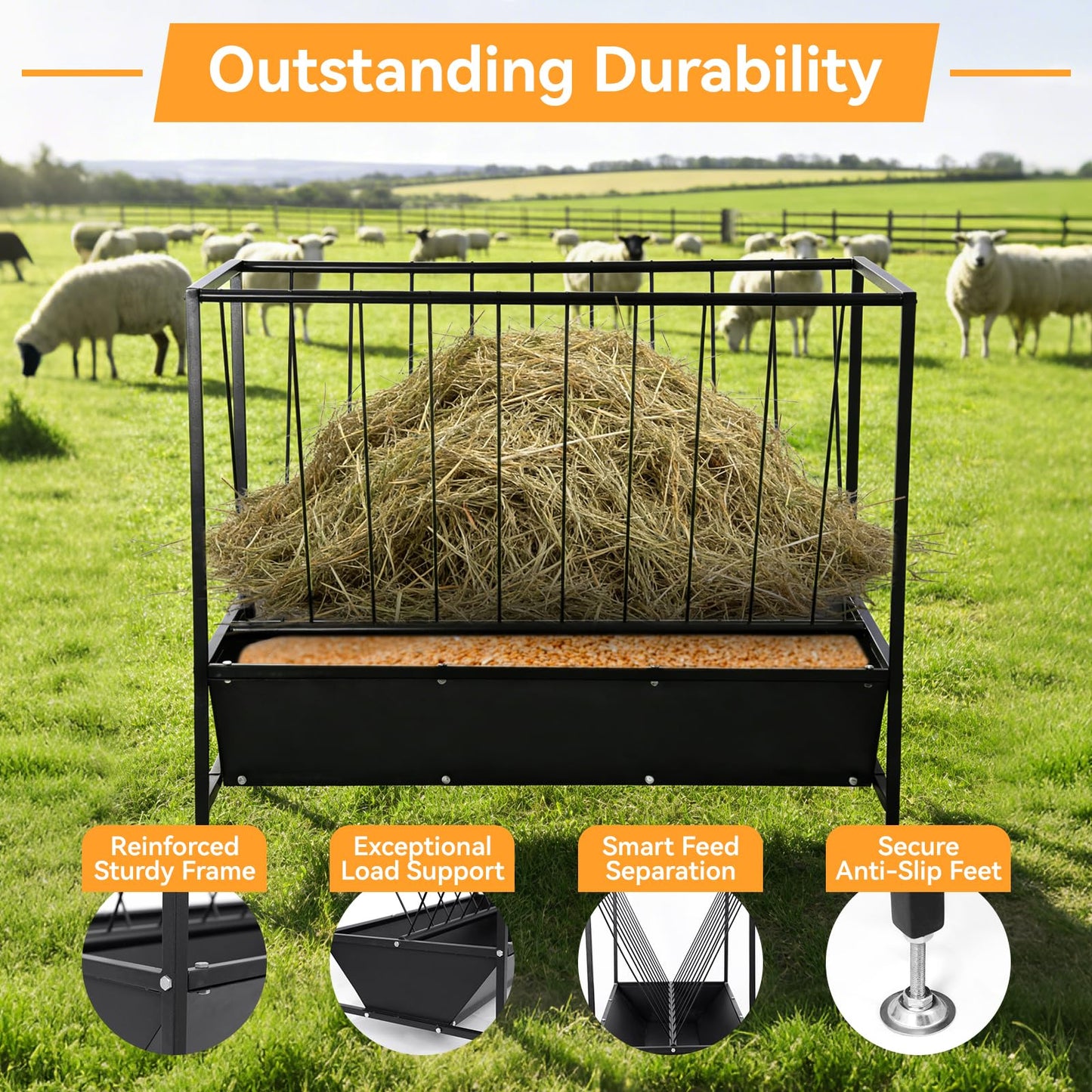 FULUPET 70 Gallon Pasture Hay Feeder, Heavy-Duty 2-in-1 Livestock Feeder with Grain Trough, Galvanized Steel Hay Rack for Goats, Sheep, Calves & Miniature Horses, Weather Resistant Farm Manger