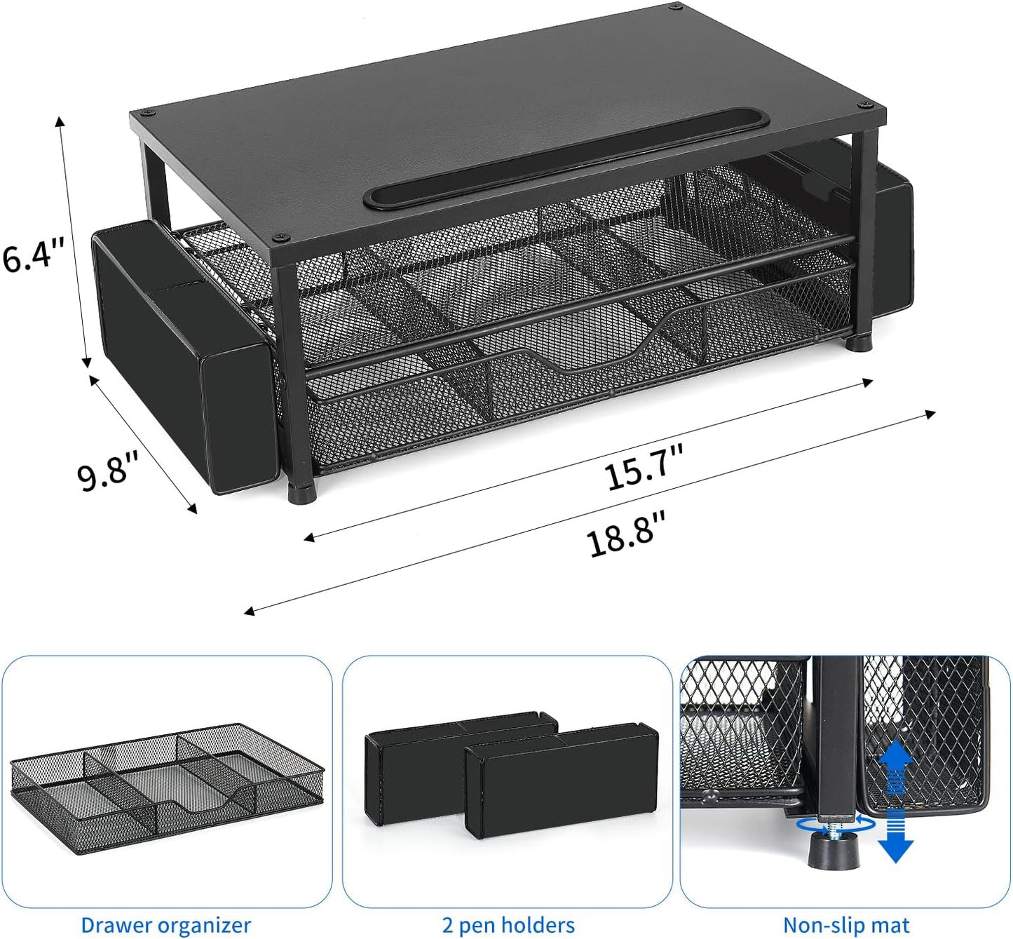 2-Tier AUPSEN Wood Computer Monitor Stand Riser, Black Desk Organizer with Drawer, Pen Storage & Phone Holder Office