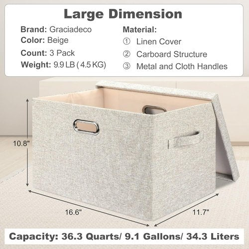 Graciadeco Large Collapsible Storage Bins - Stackable Beige Linen Fabric Boxes | 3-Pack (16.6 x 11.7 x 10.8)
