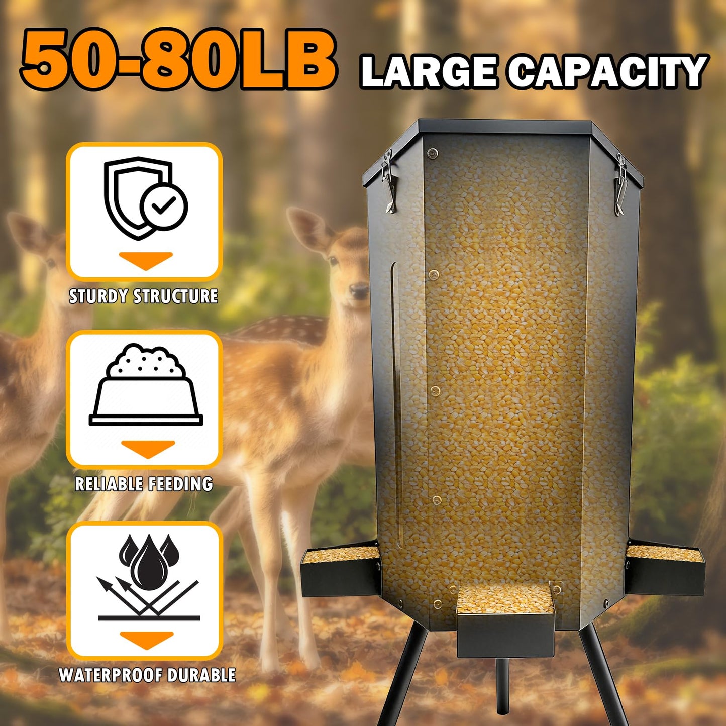 LAJIAOZ 80 lbs Galvanized Steel Gravity Deer Feeder - 14 Gallon Weatherproof Wildlife Game Feeder, 3-Leg Tripod Stand with 3 Feeding Trays, Metal Corn Dispenser for Goats, Turkeys, Livestock