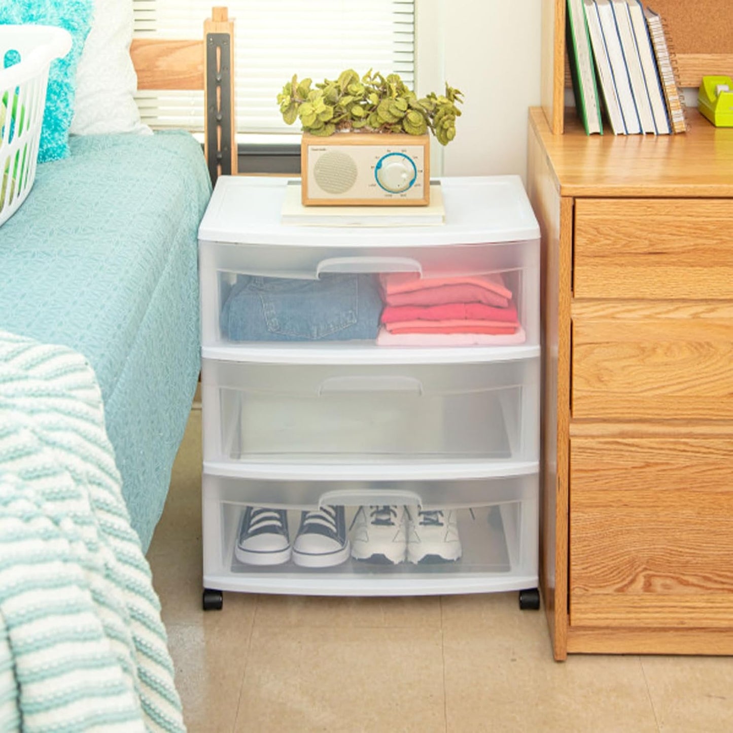 Sterilite Wide 3 Drawer Storage Cart - Rolling Plastic Organizer with Wheels | White & Clear Drawers