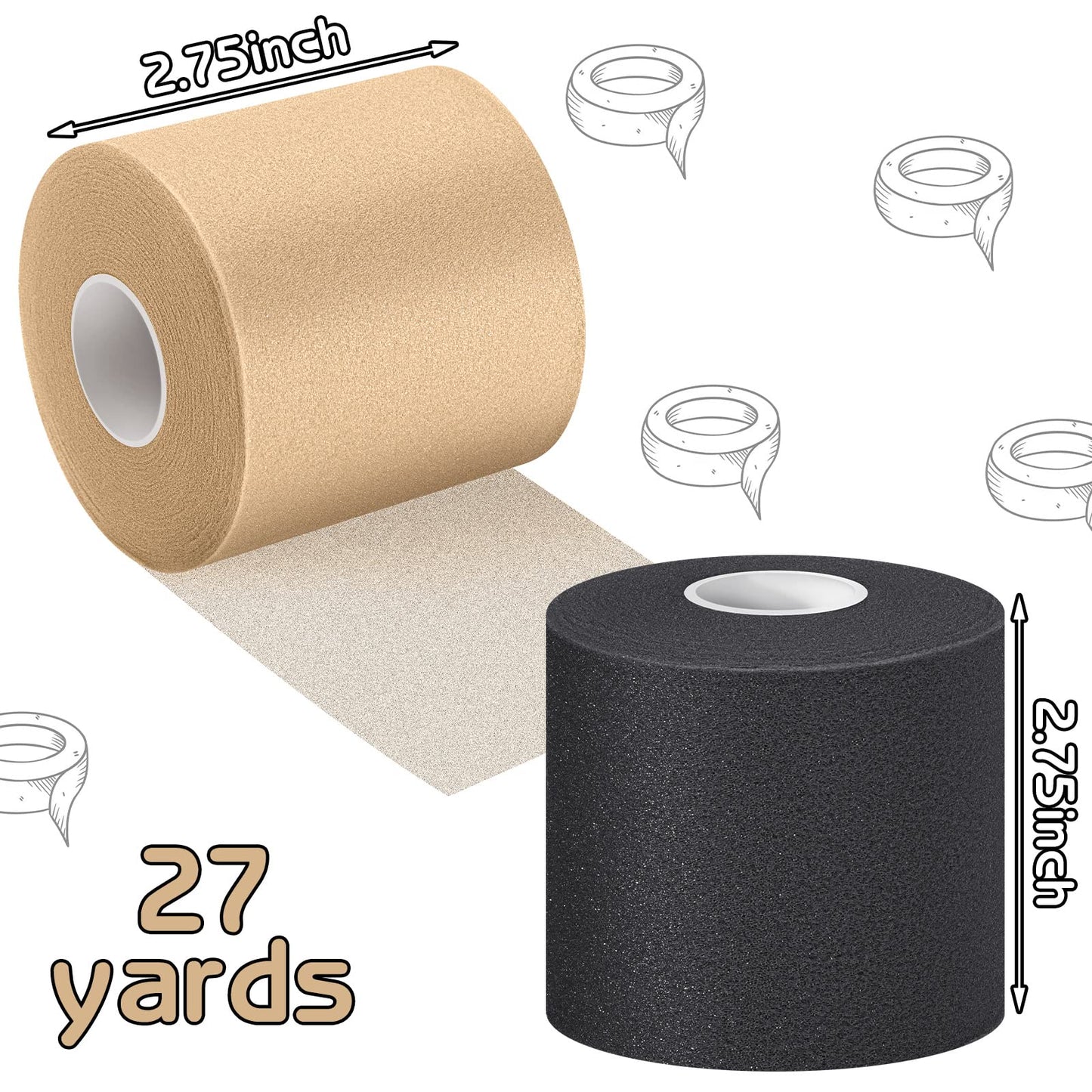 Nuanchu 24 Pieces Wrap Athletic Tape 2.75 Inches x 30 Yards Athletic Foam Underwrap Tape for Hair Soccer Sport Pre Wrap Ankles Wrists Hands and Knees(Black, Beige)