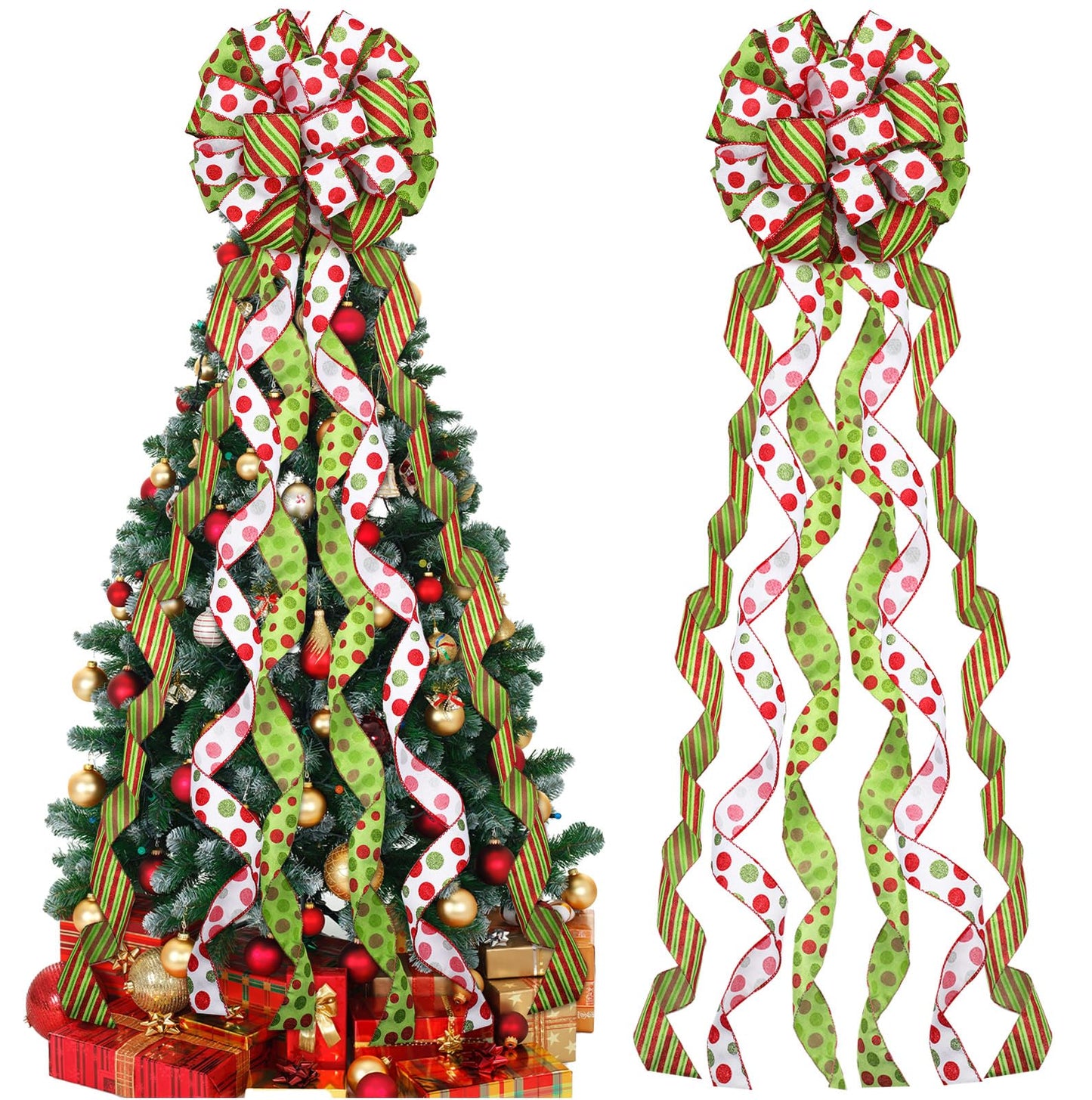 Tigeen Large Christmas Tree Bow Topper 52 x 12 Inch Red Green White Polka Dot Tree Topper Xmas Wreath Bow with Glitter Streamers for Christmas Party Indoor Outdoor Decoration Favor Supplies