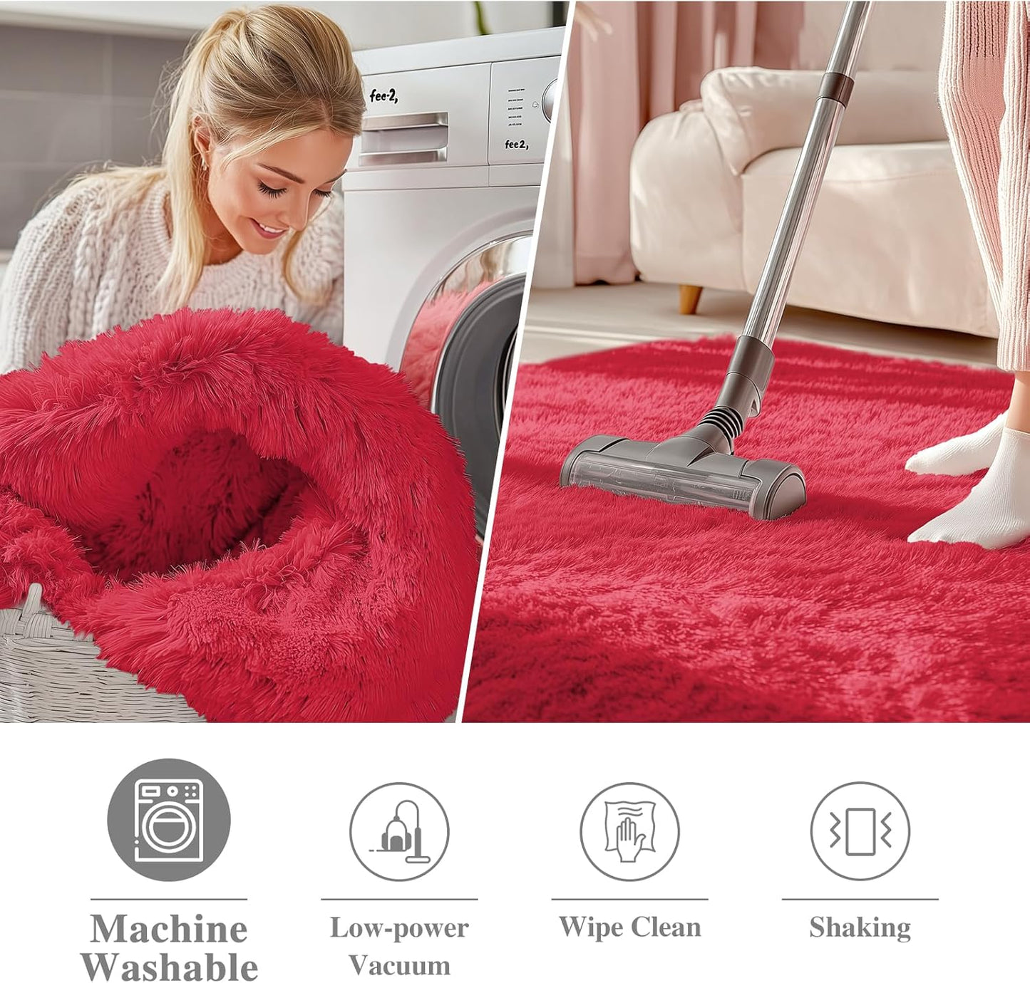 OLANLY Red Round Rug - Soft, Fluffy Shaggy Carpet | 5 ft Machine Washable Area Rug for Bedroom & Living Room
