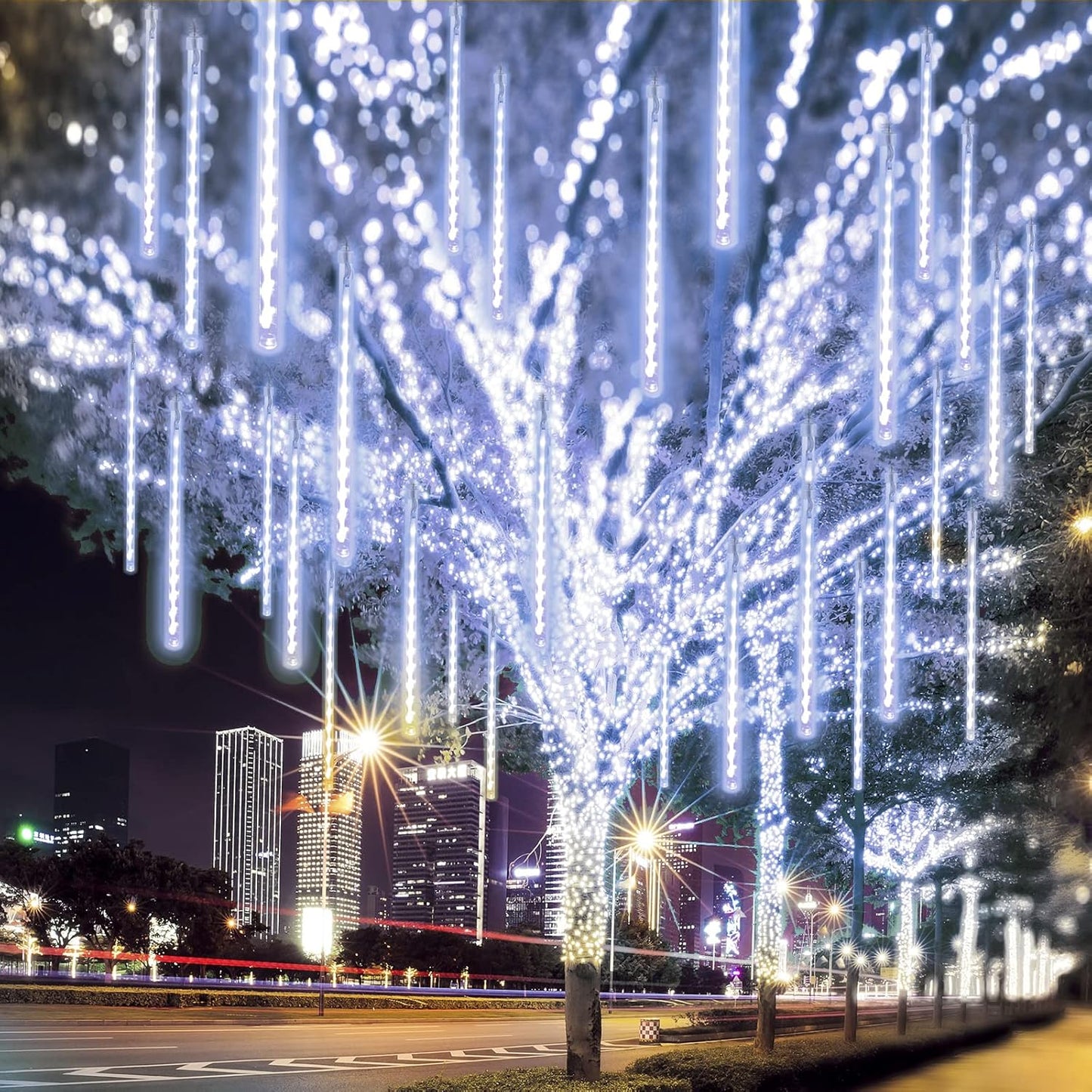 Skiennix Meteor Shower Lights - 2 Pack Outdoor Christmas Decorations with Timer | 384 LED, 30cm Tubes, Cool White