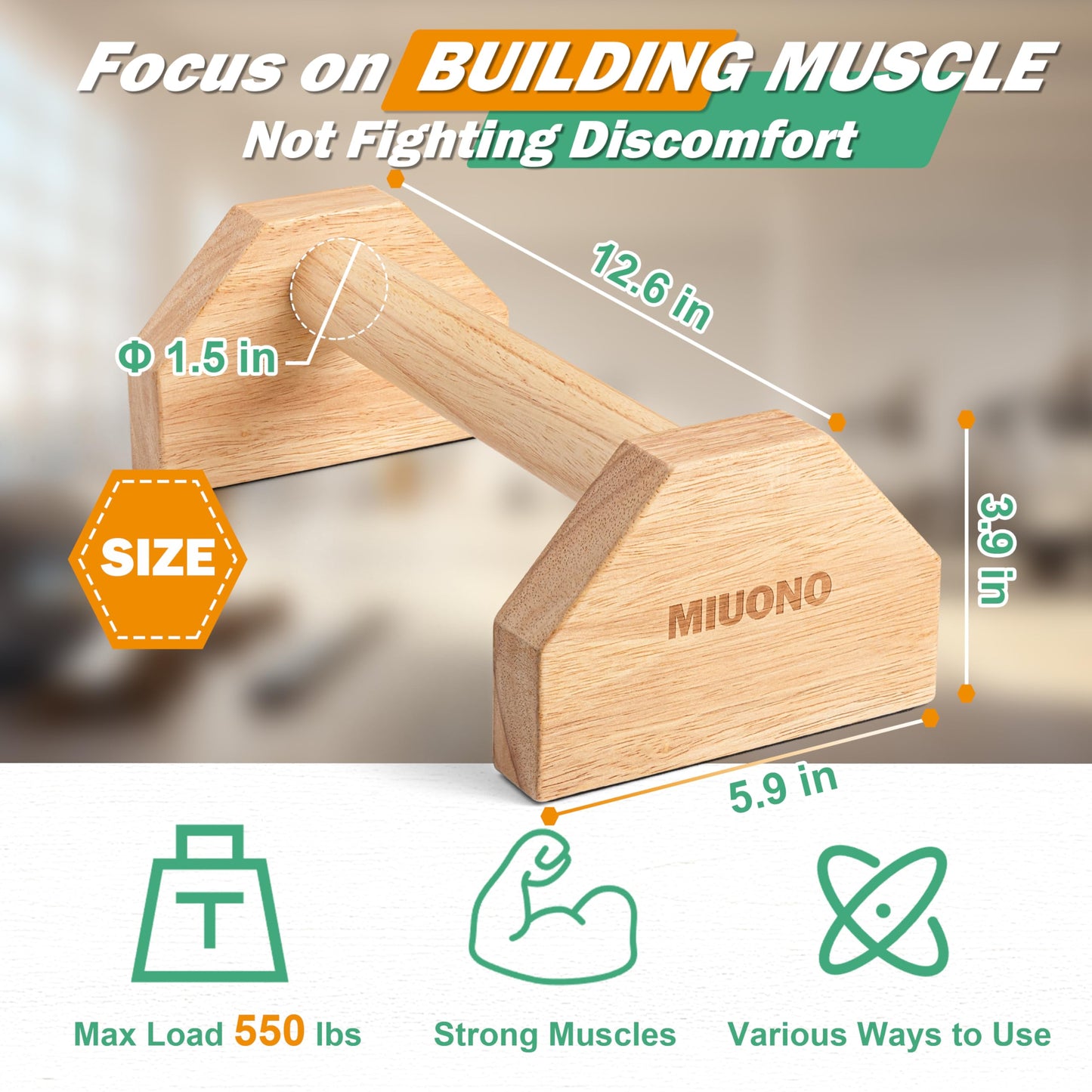 MIUONO Parallettes Push Up Bar, Oak Wood Calisthenics Equipment for Home Gym with Non-Slip Base, Handstand Trainer Push Up Handles for Floor Dip Workout and Strength Training