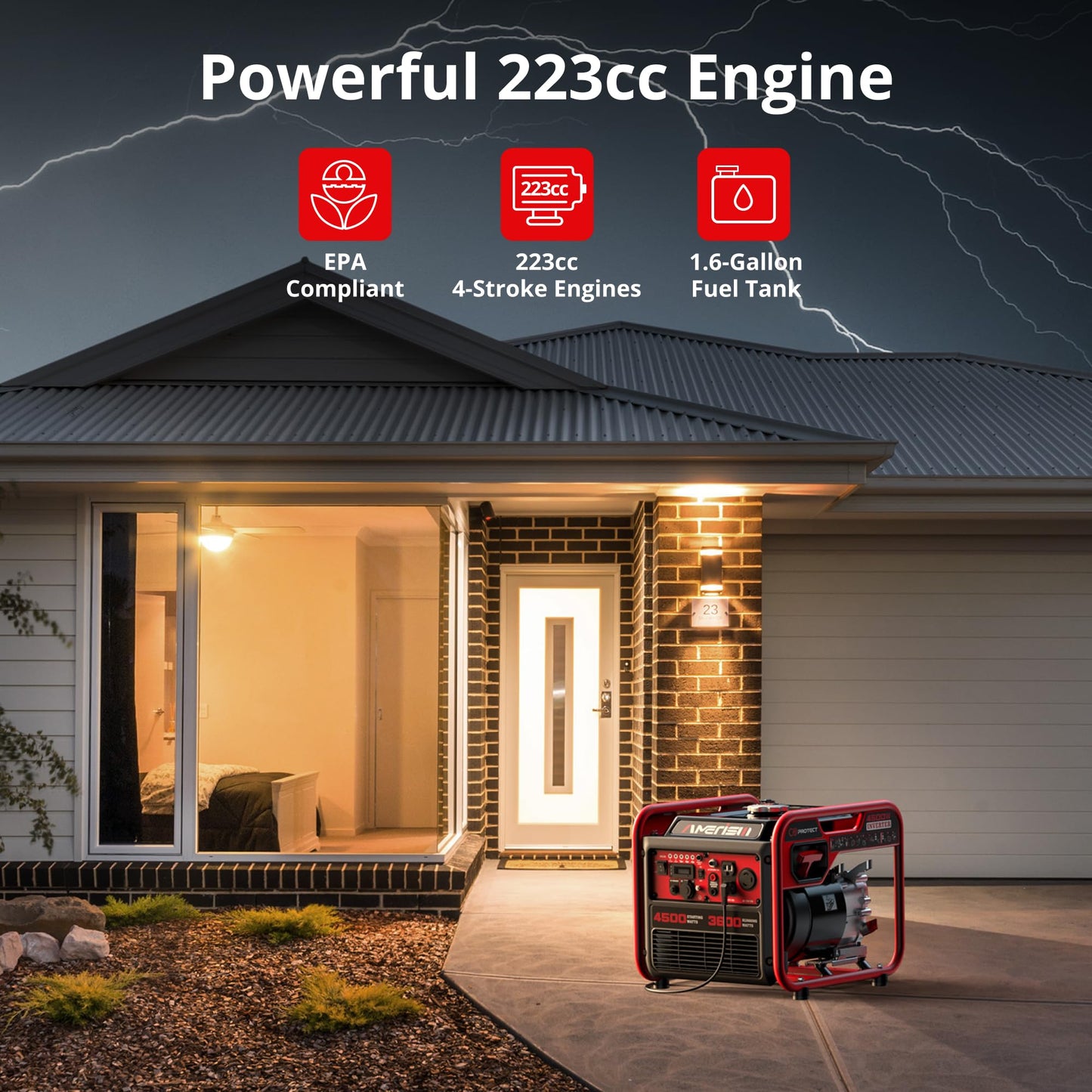 AMERISUN Portable Inverter Generator 4500W Gas Powered, CO-Sensor, Lightweight & Quiet for Home Use and Emergency Backup, Camping, EPA Compliant 2025 Version