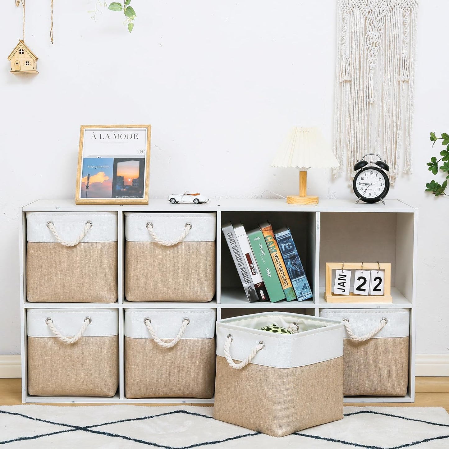 Skiennix 11 x 11 Inch Storage Cubes - 6 Pack Large Collapsible Fabric Bins for Home & Office | White & Beige