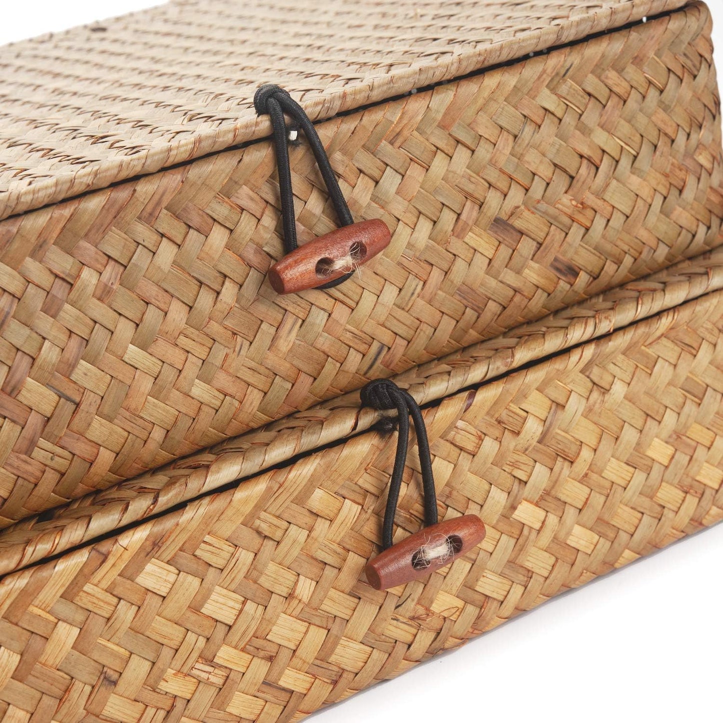 Seagrass Storage Basket Set - Rectangular Woven Bins with Lid for Organizing Snacks & Toys | Natural Finish (Large & Small)