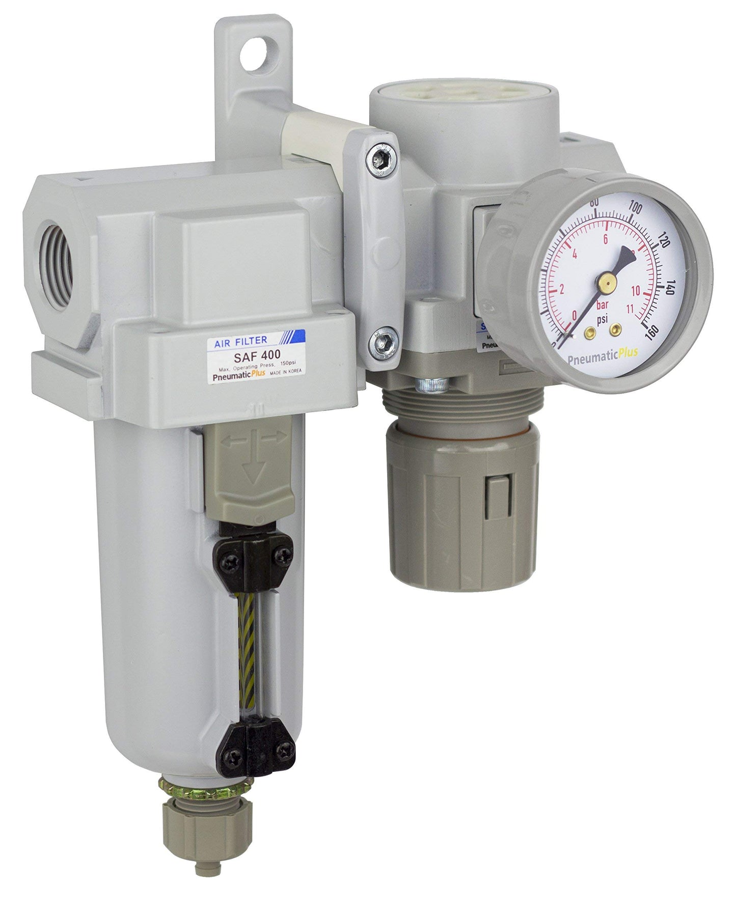 PneumaticPlus SAU420-N04G-MEP Compressed Air Filter Regulator Combo 1/2" NPT - Metal Bowl, Manual Drain, Bracket, Gauge
