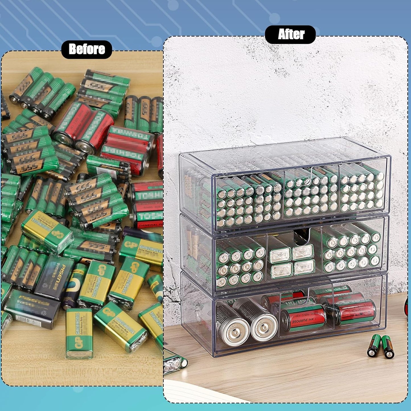 3 Pack 9V, 3-Drawer Common BTSKY Clear Acrylic Battery Storage Organizer for AA, AAA, C, D Batteries, Storage Box