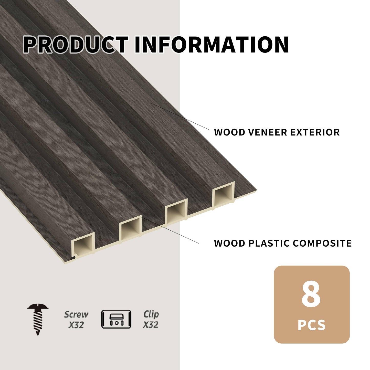 POHARE WPC Slat Wall Panels, 8 Pack 95 x 6 in Accent Decorative Acoustic Wood Slats for Wall and Ceilings, Acoustic Panels for Interior Wall Modern Décor,Brown/Grey