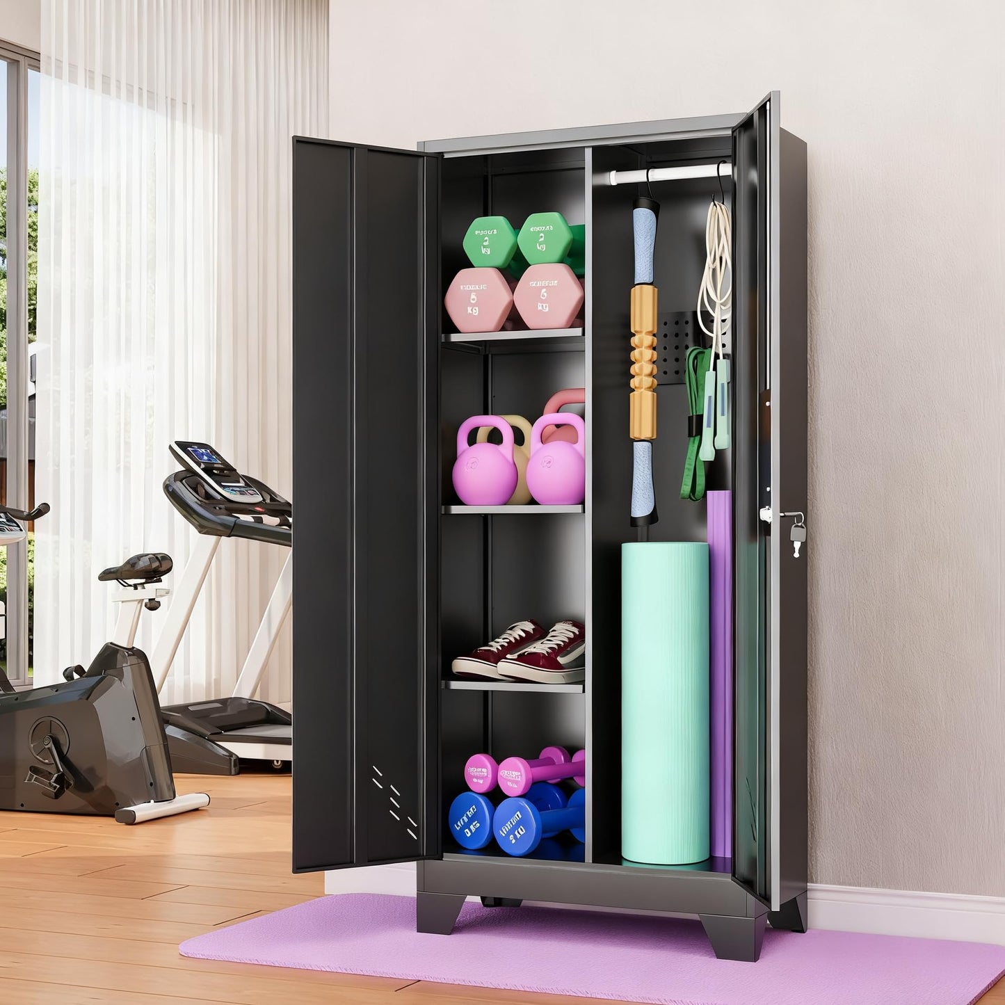 VASAAOSD 61IN Home Gym Storage Cabinet for Kettlebells, Yoga Mat and Balls, Workout Equipment Storage Organizer with Lock Doors, Dumbbell Rack Cabinet, Weight Rack for Dumbbells
