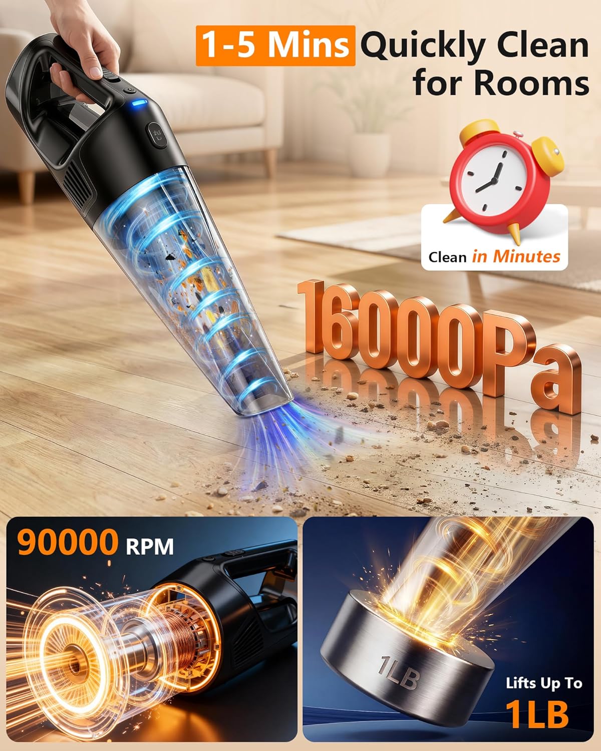 PowerSpeed CleanView Portable Handheld Vacuum - 16000Pa Strong Suction & 1000mL Dust Cup | Cordless LED Vacuum for Quick Home Cleaning