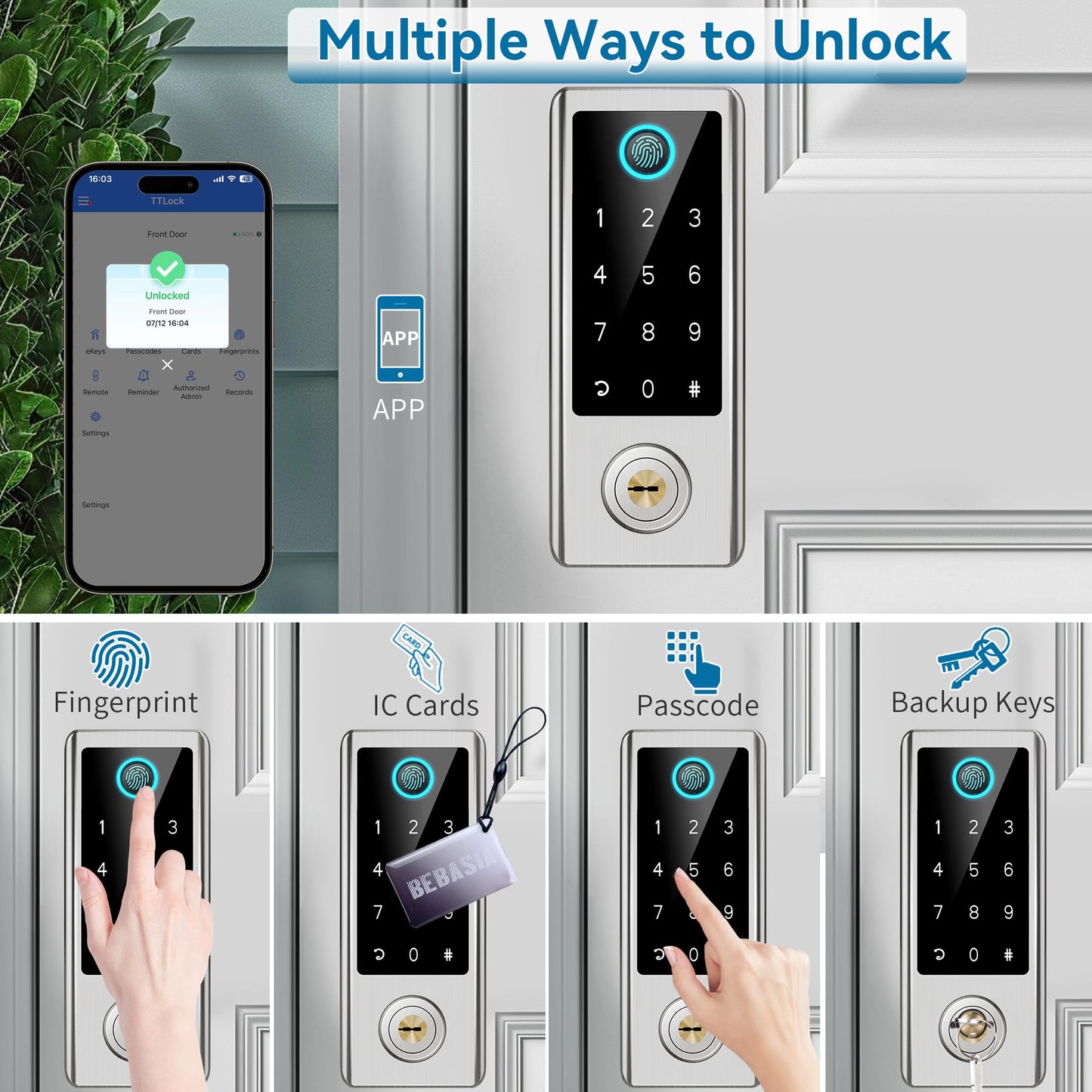 BEBASIA Smart Fingerprint Door Lock with Handle Set, Full App Control, Electronic Digital Touchscreen Keypad, Deadbolt Smart Locks for Front Door, Auto Lock, Satin Nickel