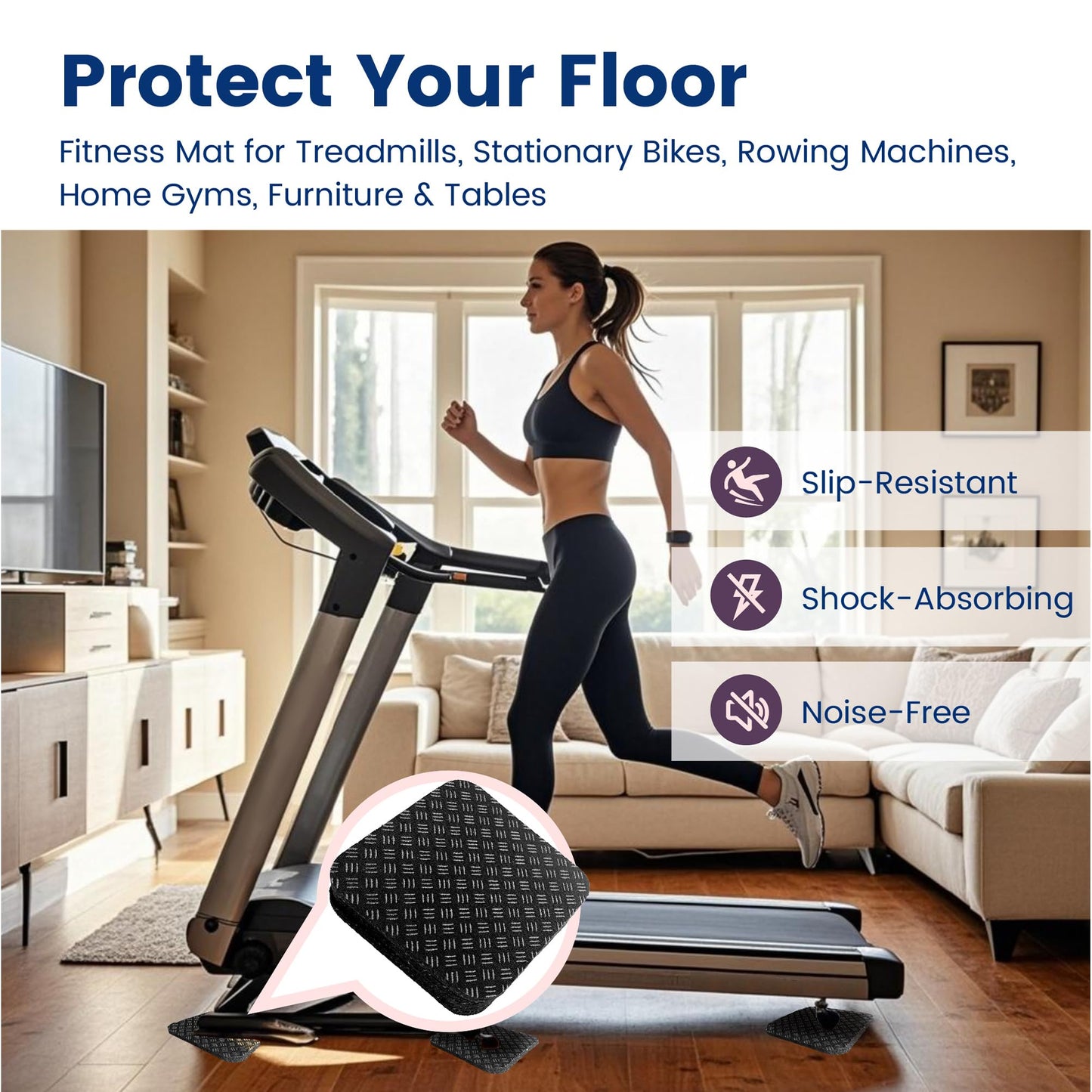 Non-Slip Walking Pad Mat, Treadmill Mat Pad for Carpet Hardwood Floors, Anti Vibration Exercise Equipment Mat for Under Treadmill & Exercise Bike Rowing Machine (6, Square, 4 x 4 x 0.2 inch)
