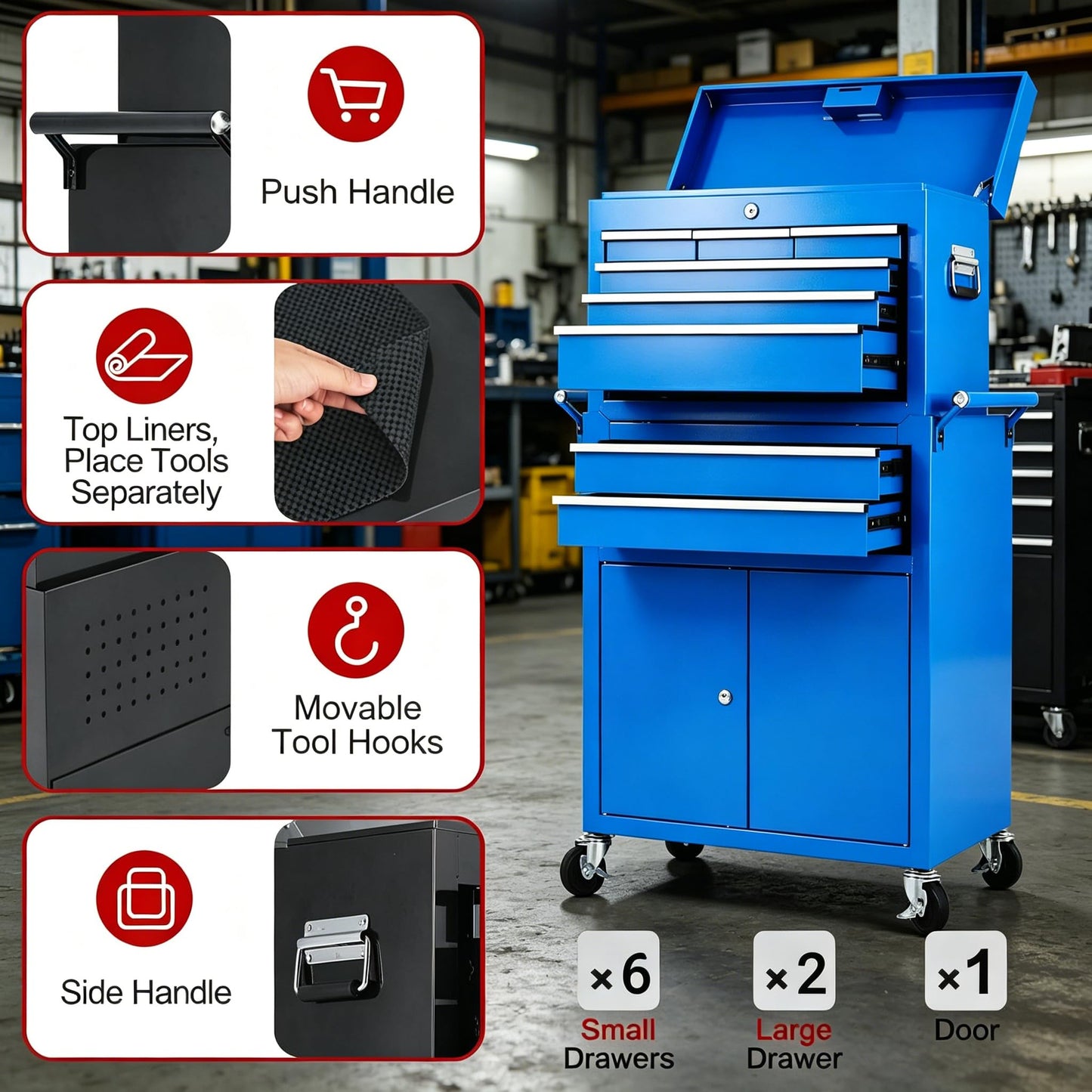 8-Drawer Rolling Tool Chest, 2-in-1 High Capacity Tool Storage with Detachable Top Cabinet, Locking System, Wheels and Liners for Garage, Workshop, Blue