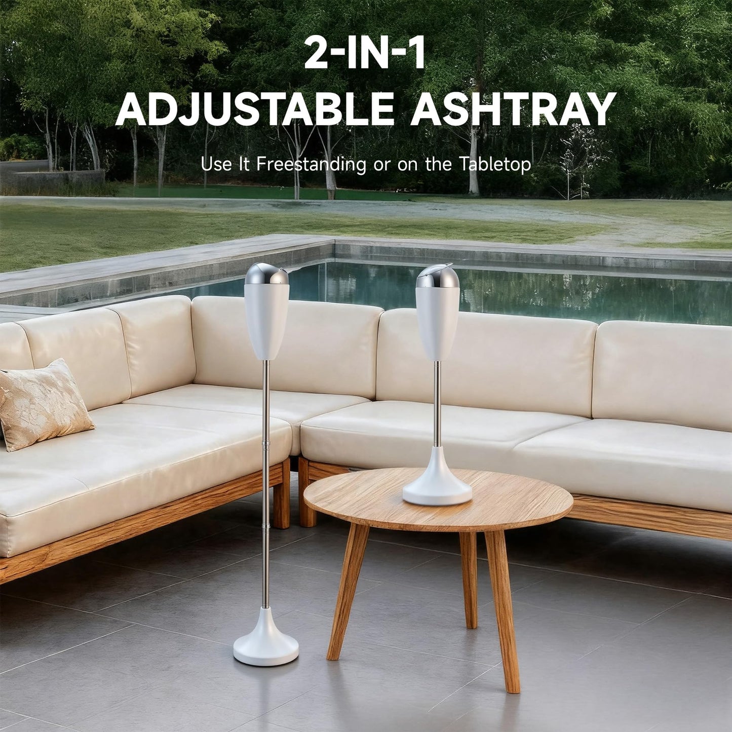 CO-Z Adjustable Floor Standing Ash Tray, Smokeless Outdoor Ashtray with Lid for Home Patio Cigarettes Ash Butt Disposal, Stainless Steel Windproof Stand Ashtray in 20", 27.5", 35" Heights, White