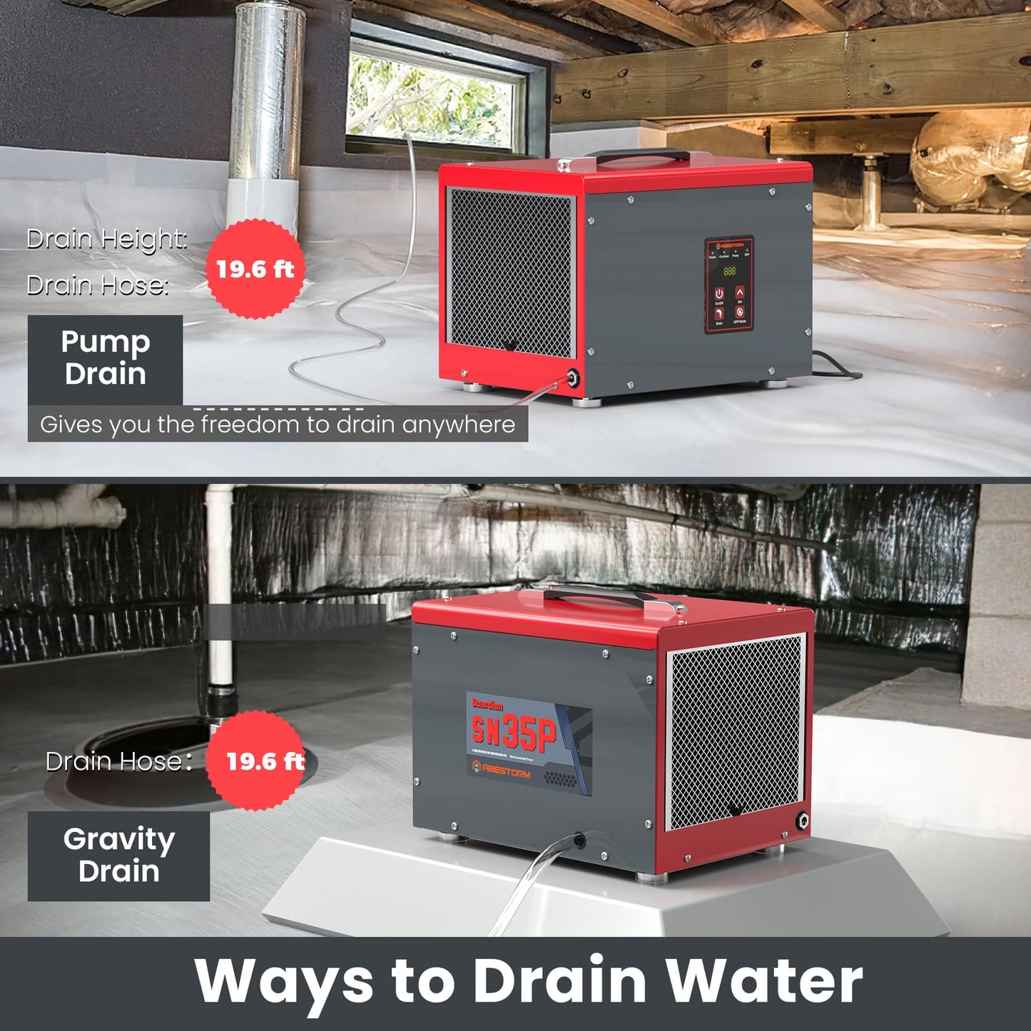 Abestorm Crawl Space Dehumidifiers with Pump and Hose, 70 PPD Compact Portable Commercial Dehumidifier Up to 1,000 sq. ft. Auto Defrost, Memory Starting Crawlspace dehumidifiers