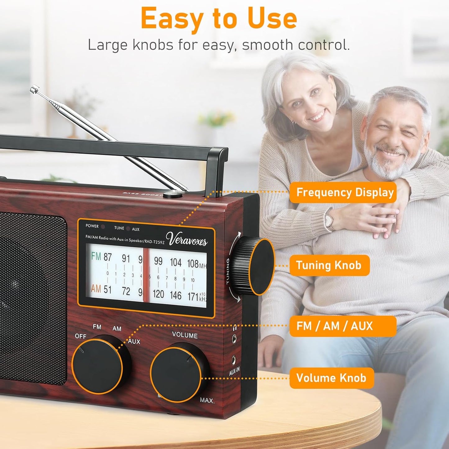 Veravoxes Portable AM/FM Radio with Bass Control, Equipped with a Built-in high-Power Speaker, Headphone Jack, and AUX