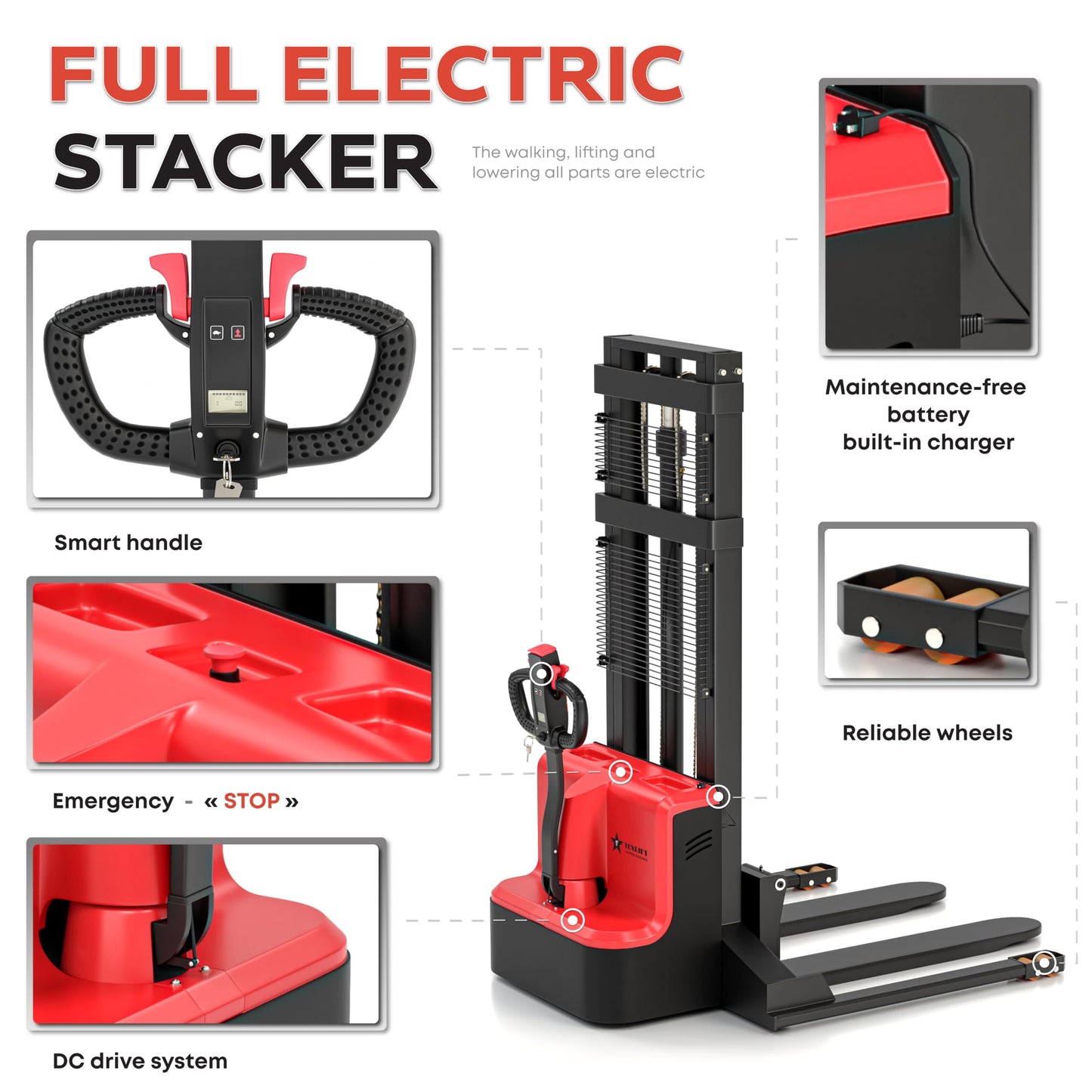 Full Electric Forklift Walkie Pallet Stacker with Fixed Straddle Legs and Adjustable Forks 5.50 Inch to 27 Inch – Material Lifter 3300lbs Capacity 12Ft/138 Inch Lifting Heights - (US-ES33K-138)