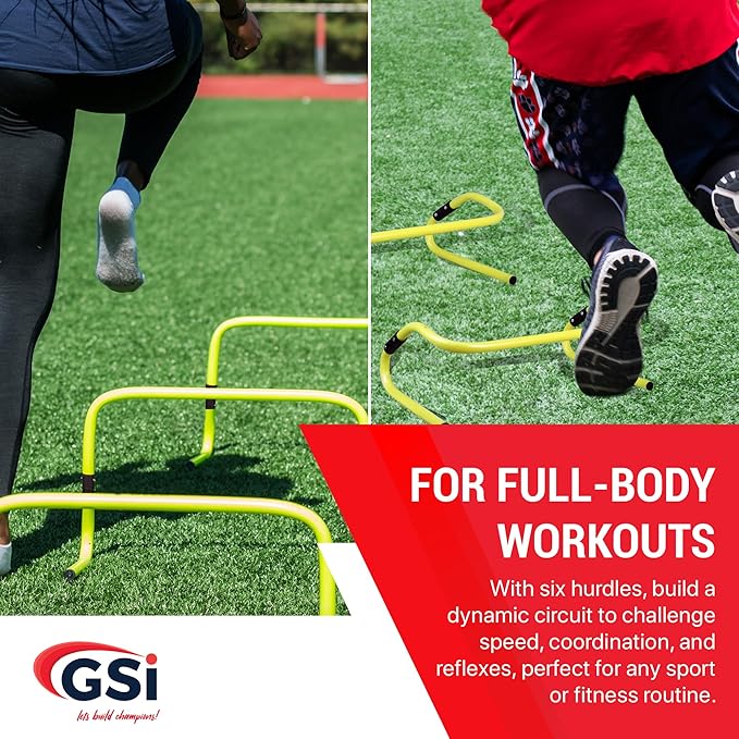 GSi Dual Height Agility Hurdle Pack of 6 – Adjustable 6" & 12" Training Hurdles for Sports, Fitness, and Agility Drills – Durable PVC Yellow Speed Hurdles for Soccer, Track, and Football Training