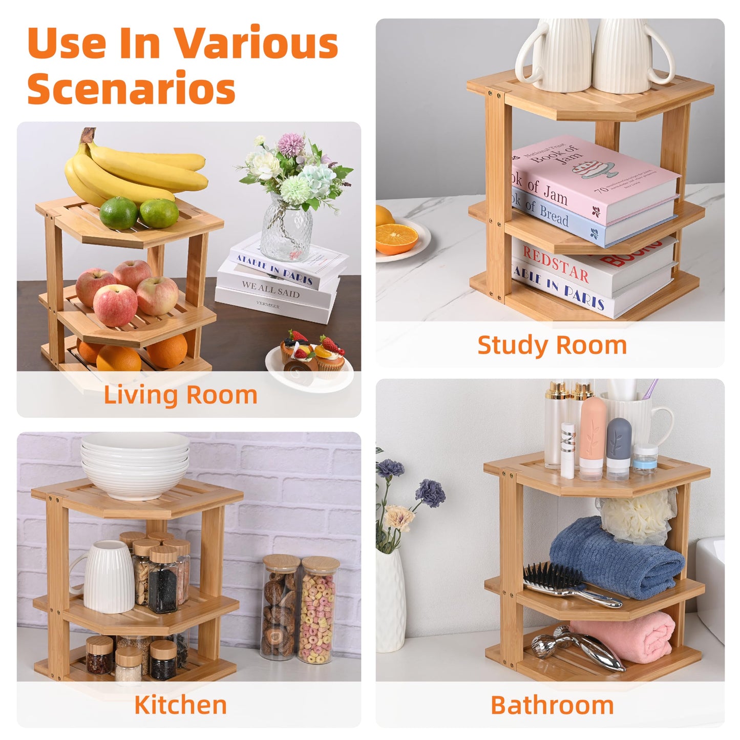 YUBAMIN Bamboo Kitchen Cabinet Organizer, 3 Tier Spice Rack Organizer for Cabinet, Space-Saving Spice Corner Shelf, Multi-Purpose Kitchen Counter Shelf for Spices, Plates, Fruits, Bread and Canned