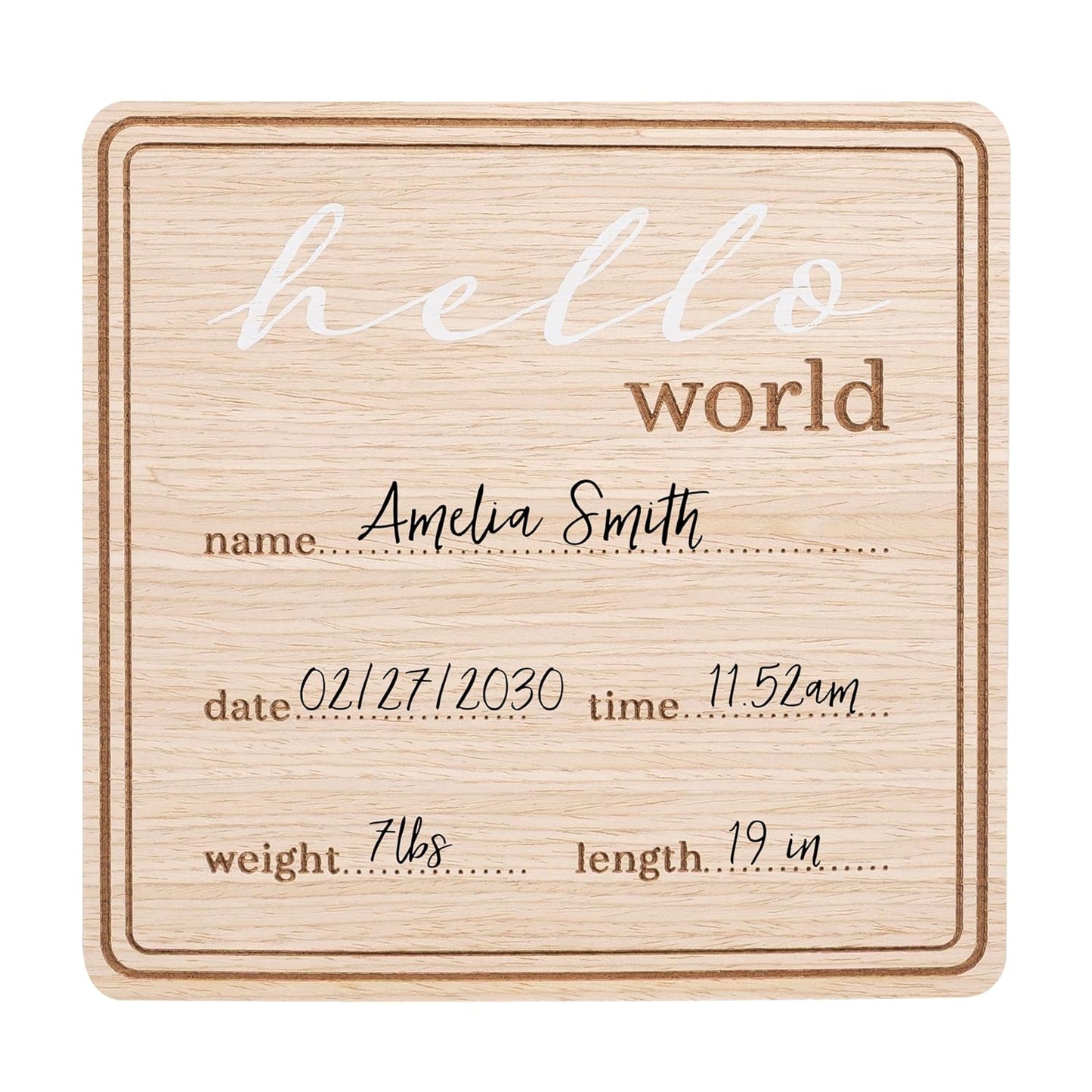 Kate & Milo Wooden Hello World Birth Announcement Photo Prop, Newborn Milestone Sign with Birth Details for Hospital