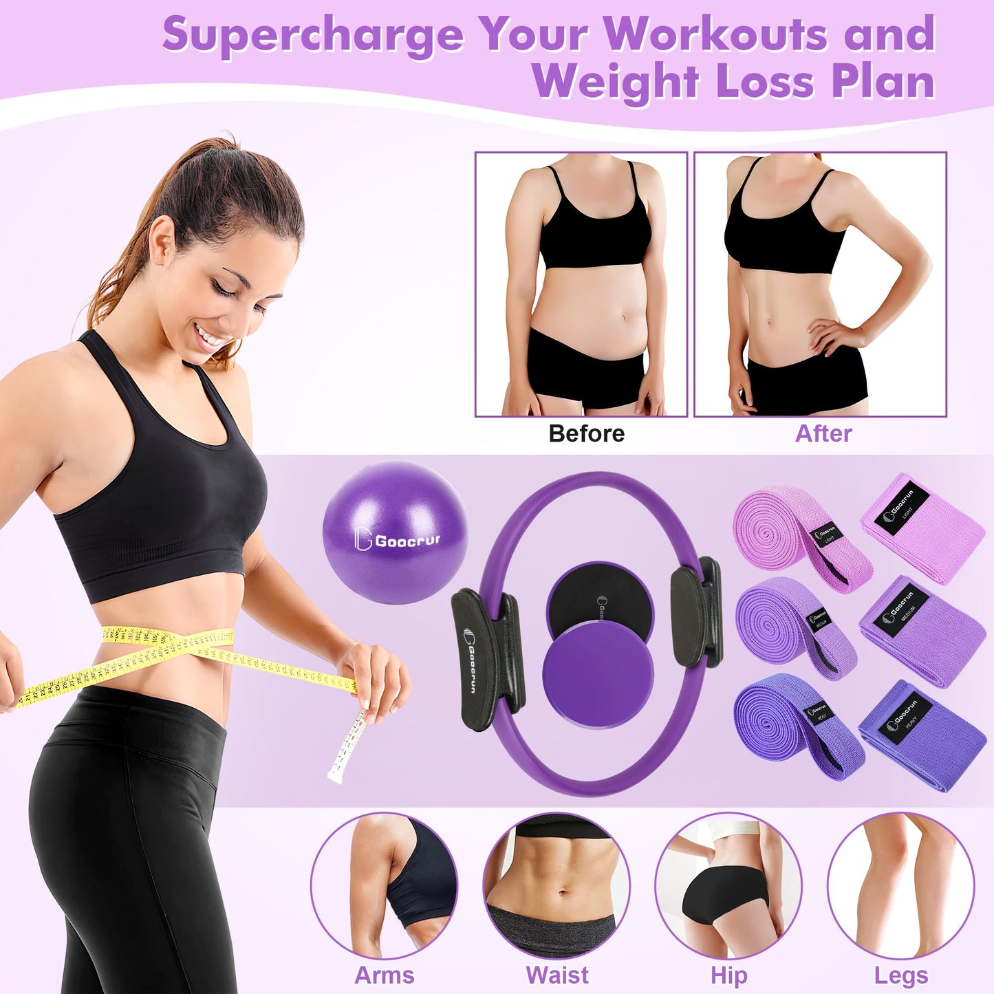 Goocrun Pilates Ring Set Exercise Equipment, with Fabric Resistance Bands Set, Pilates Ball, Sliding Disks. Portable Home Gym - with Fitness Guide Poster (Purple)