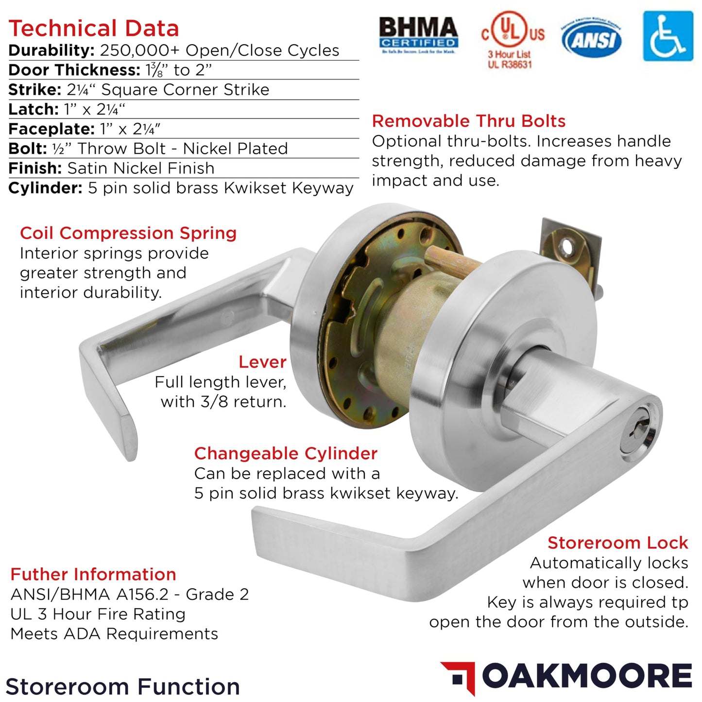 Heavy Duty Commercial Door Handle | Storeroom Lock Function | Grade 2 Commercial Door Locks, Keyed for Schools & Businesses | Storeroom Door Knob | Nickel Finish Lockset | C UL & ADA | ANSI A156.2