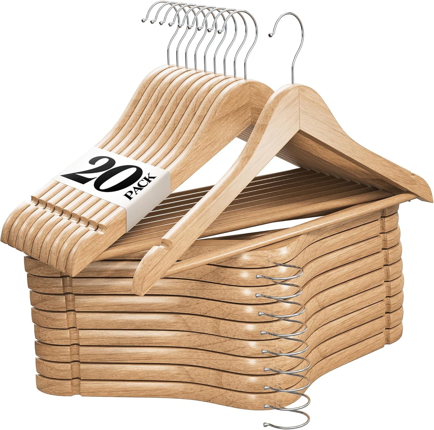 Premium Wooden Hangers - Durable Non-Slip Heavy-Duty Coat Hangers | 20 Pack Natural Solid Wood with Chrome Swivel Hooks