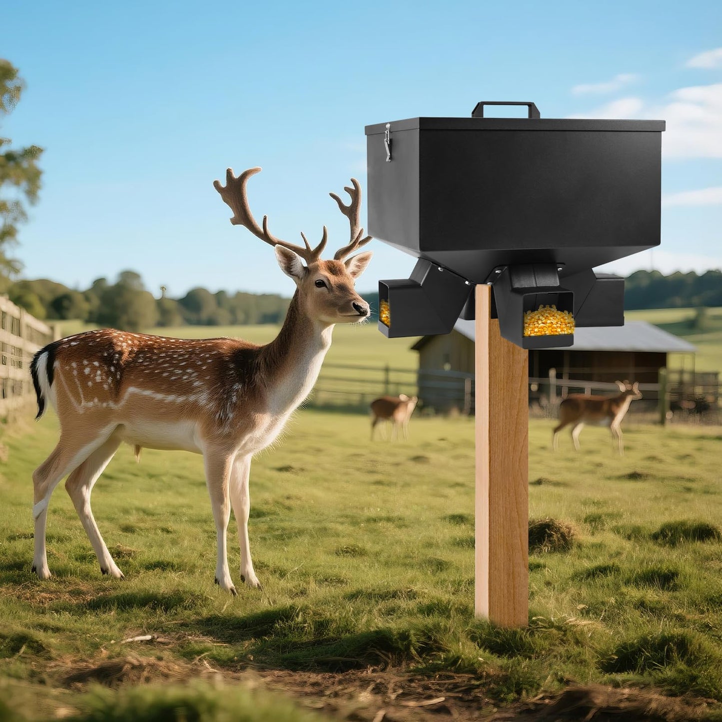 YeeJinHong Portable 80LB Gravity Deer Feeder,Heavy Duty Metal Automatic Deer Feeder with 4 Feed Ports,Weatherproof for Wildlife Hunting & Backyard Game