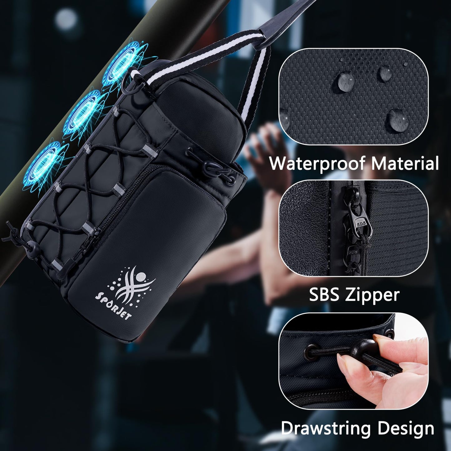 SPORJET Magnetic Gym Bag for Water Bottle – Fits Up to 46oz, Sling Water Bottle Holder with Strap & Phone Pocket, Magnetic Workout Bag for Gym, Fitness, Outdoor, Men & Women