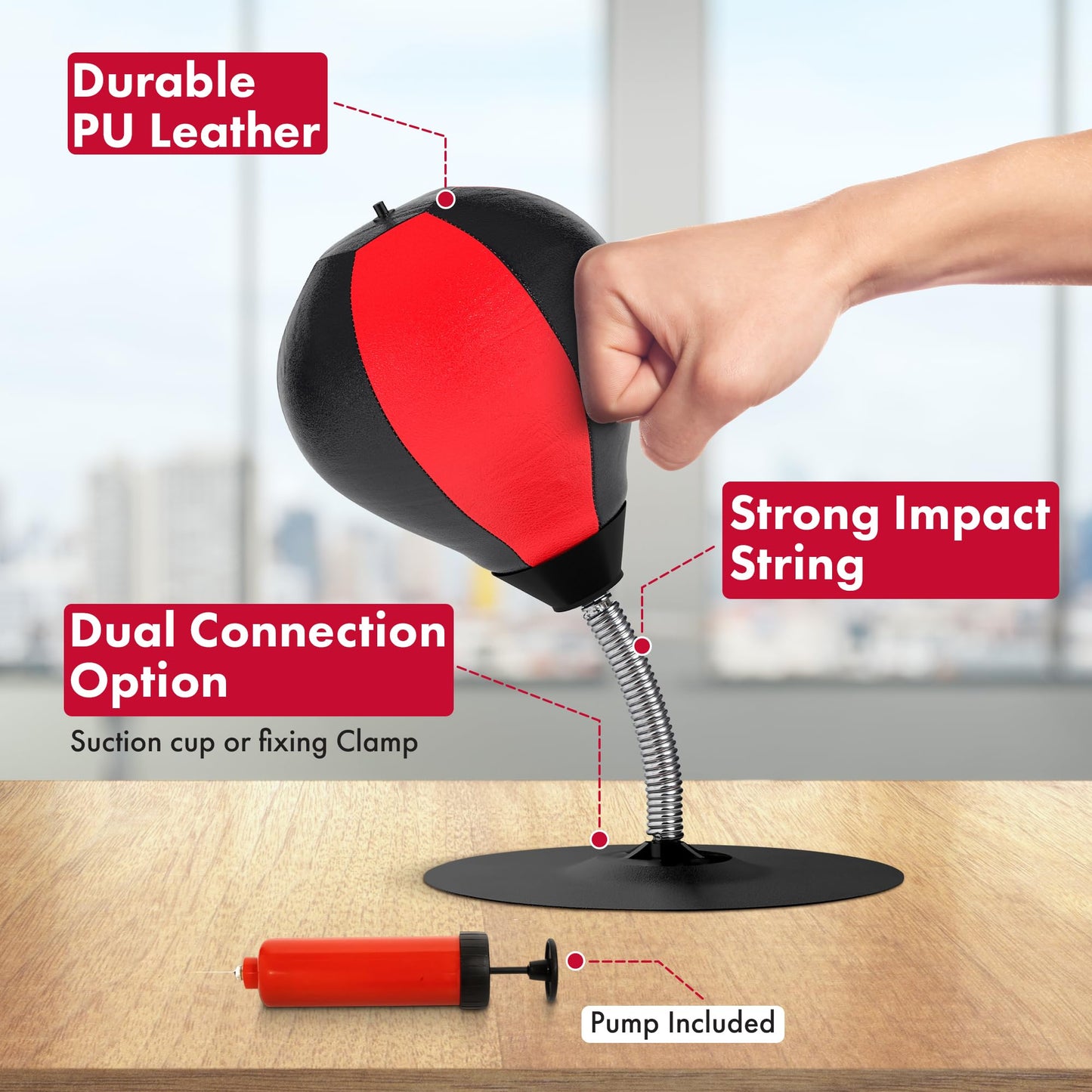 GLACIAL Stress Relief Desktop Punching Bag I Comes with Desk Clamp and Extra Strong Suction Cup I Black and Red