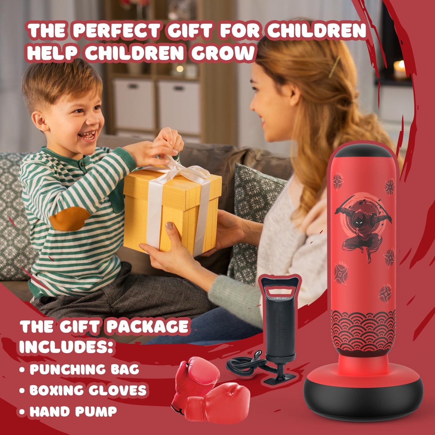 Sunikko X Tall Punching Bag for Kids, Larger 66 Inch Inflatable Stable Boxing Bag for Teens, Ninja Shuriken Toy Gifts for Boys Girls, Boxing Set with Gloves and Pump for Practicing Karate Taekwondo
