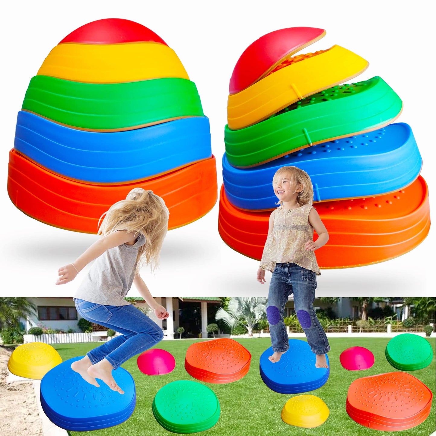 MEANHDAG 10 PCS Balance Stepping Stones for Kids, Obstacle Course Play Outdoor Backyard Activities Equipment Helps Build Children's Coordination and Confidence, Non-Slip Surface and Edging