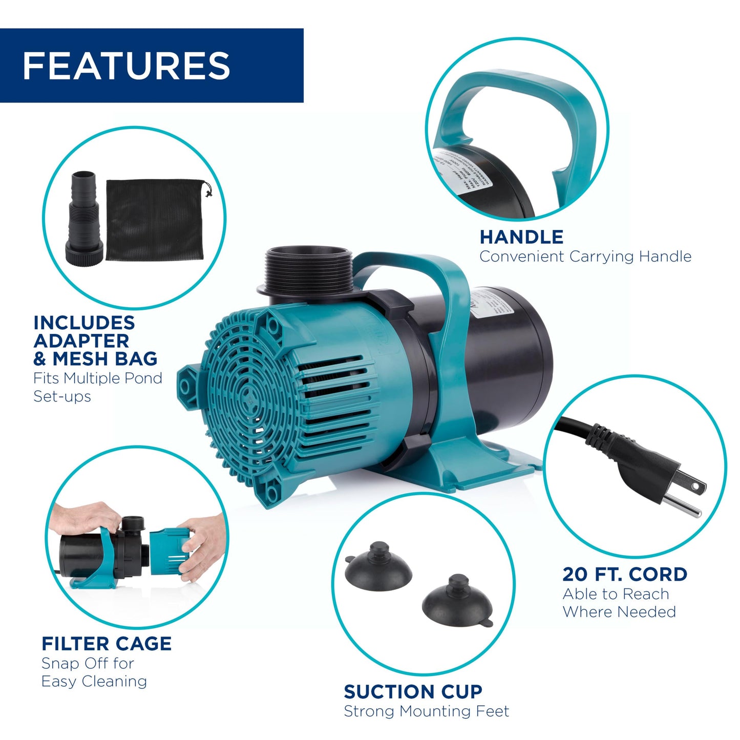 Alpine Corporation 5600 GPH Vortex Submersible Water Pump 20 Ft Cord for Ponds, Fountains and Water Circulations, Quiet Operation Vertical/Horizontal, 22.5 Ft Lift 324 Watts, Black/Teal