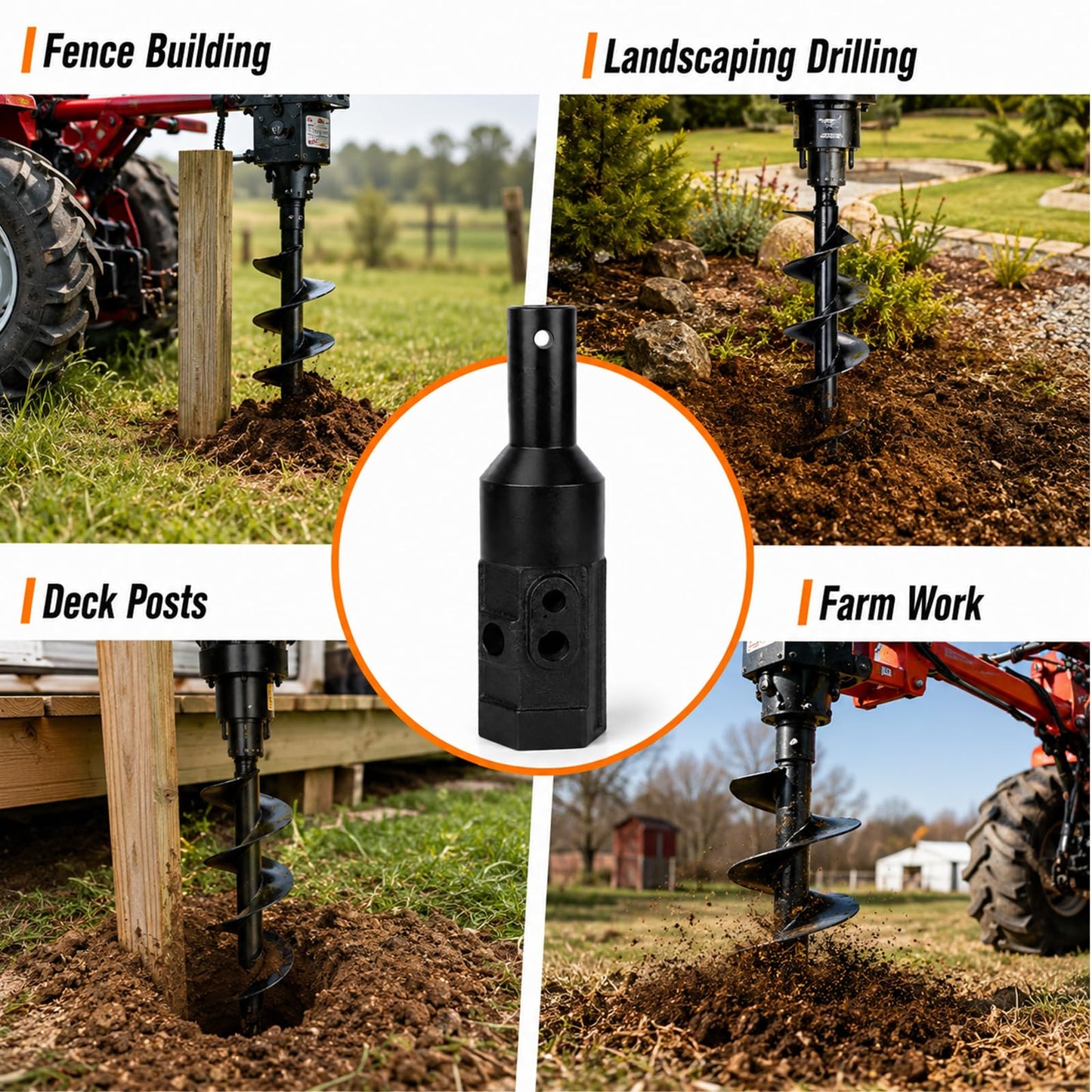 Heavy Duty 2" Hex Female to 2" Round Male Auger Adapter - Cast Steel Fully Welded for Earth Auger, Post Hole Digger - Fits 2" Male Hex Power Head & 2" Female Round Auger
