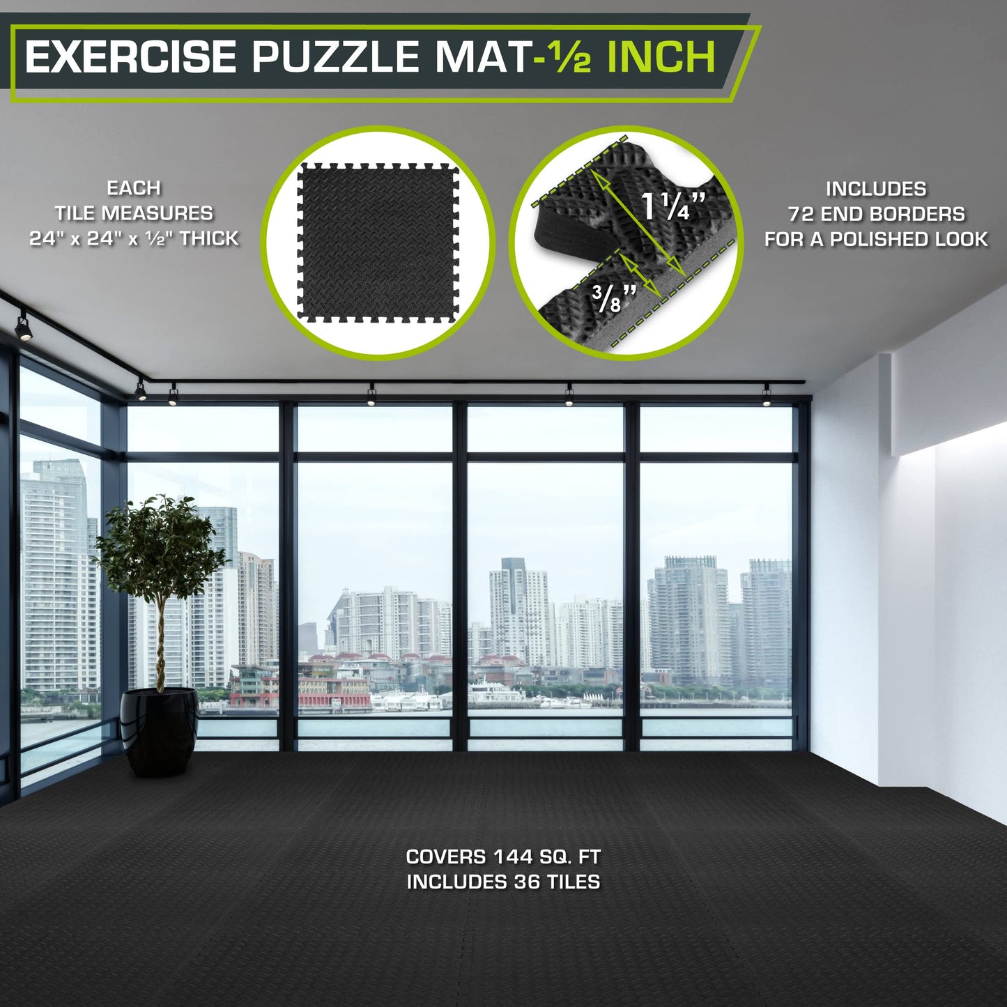 ProsourceFit Exercise Puzzle Mat ½-inch, EVA Interlocking Foam Floor Tiles for Home Gym, Workout Equipment, Kids Play Areas, Black, 144 SQ FT - 36 Tiles