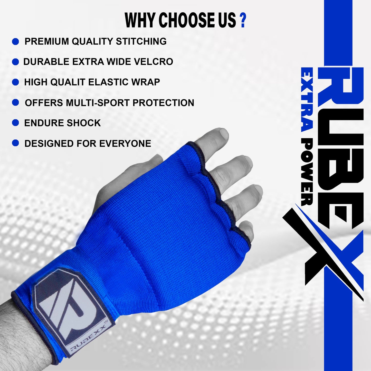RUBEXX Slip on Boxing Hand Wraps Padded Thick Knuckle Inner Gloves 36 inches Elastic Wrist Strap Quick Wrap Under Mitts Martial Arts Muay Thai MMA Kickboxing Men Womem (Blue, S)