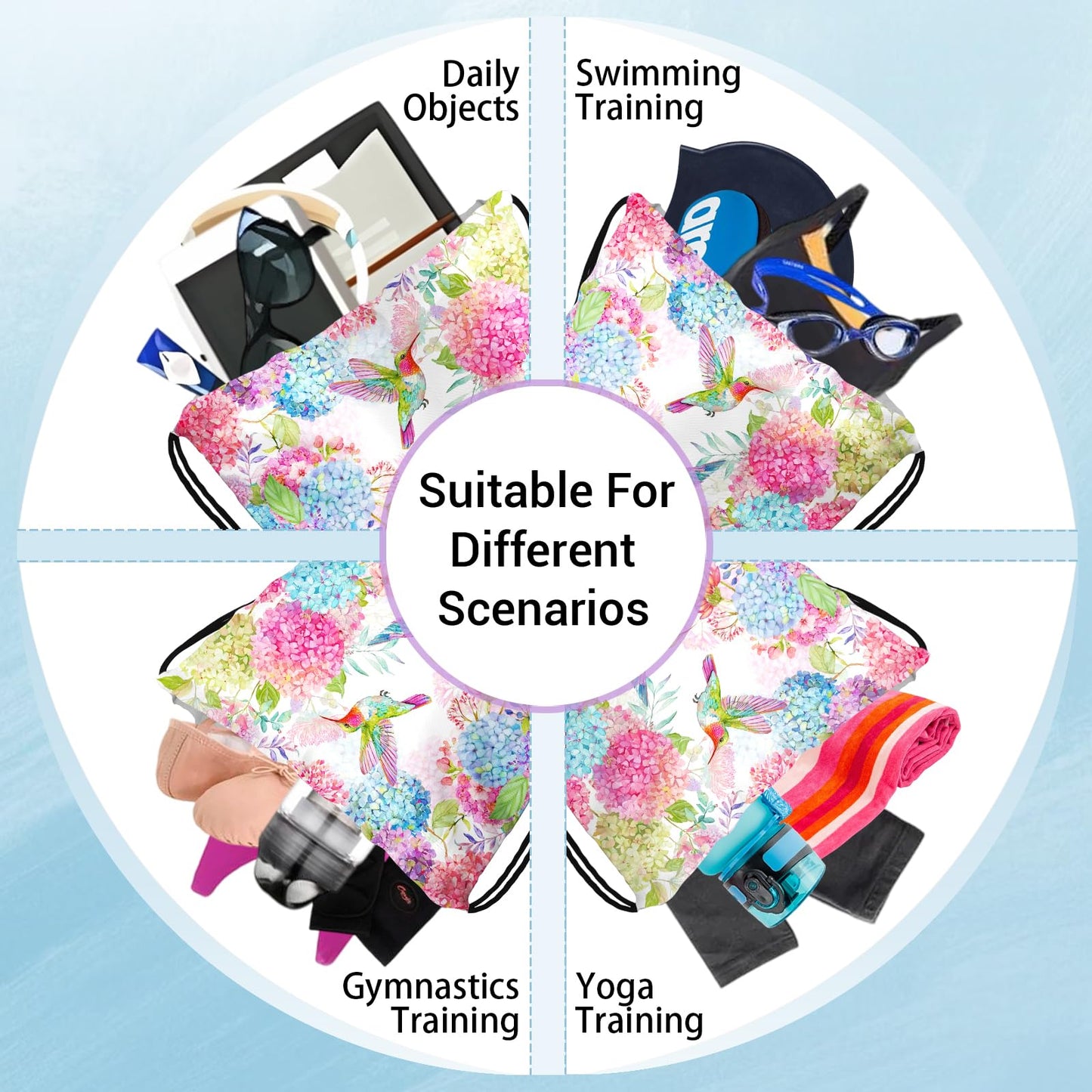 GAIIIIYOU Hummingbird Gymnastics Grip Bag Hydrangea Waterproof String Bag for Gym