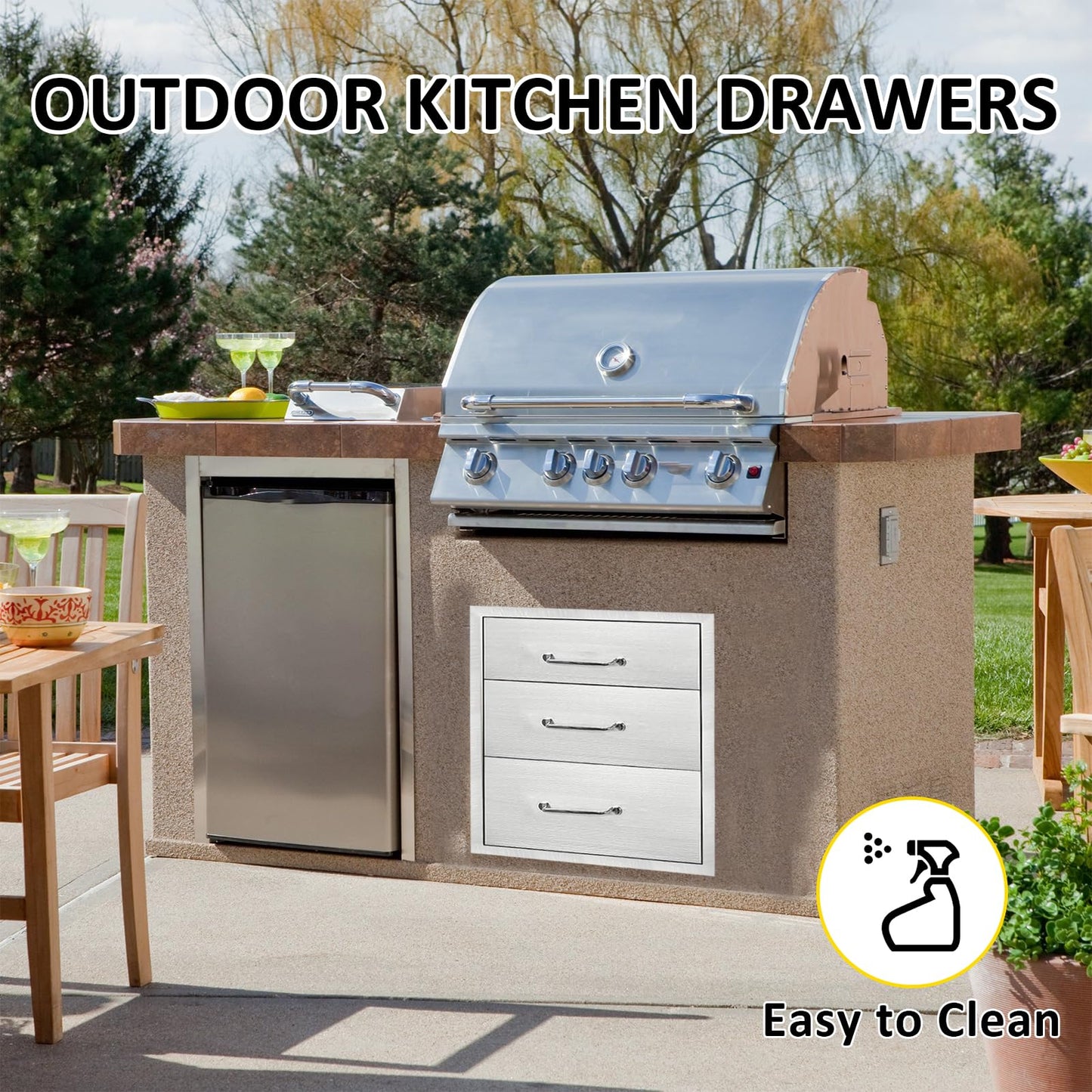 SGOLAN Outdoor Kitchen Drawers 16" W x 21" H x 23" D Flush Mount Triple BBQ Drawers with Chrome Handle Stainless Steel Drawer for Outdoor Kitchen Island, Patio Grill Station