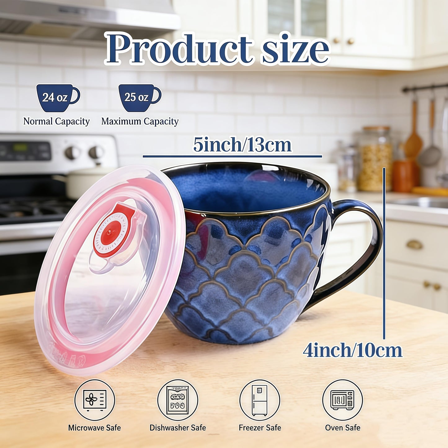 Ceramic Soup Mugs with Handles, 24 oz Microwave Safe Soup Mug/Cup with Lid, Large Soup Mug for Coffee, Cereal, Oatmeal, Salad, Ramen, Noodle, Soup, Housewarming Wedding Gift, Reactive Glaze Blue