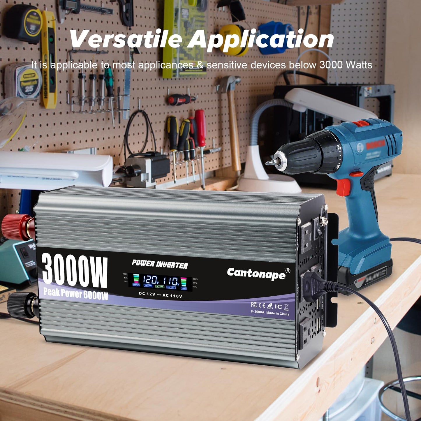 Cantonape 3000W Power Inverter 12V to 110V/120V DC to AC with LCD Display, Remote Controller and 4 x AC Outlets Car Adapter for Car Truck Boat RV Off Grid Solar System